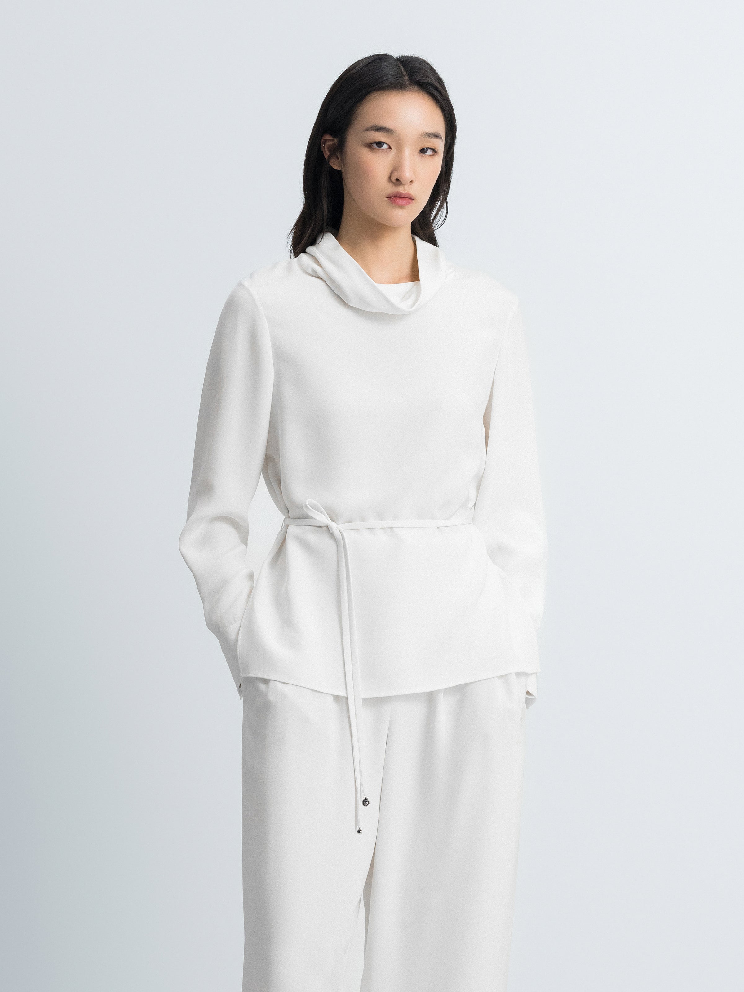Cream White Mulberry Silk Drawstring Waist Long-Sleeve Top