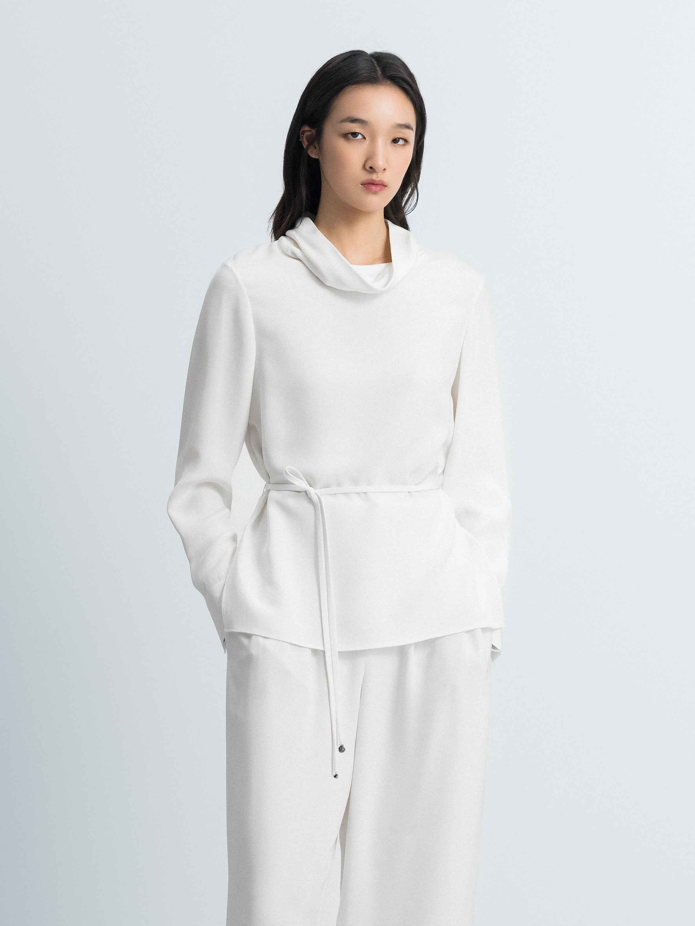 Cream White Mulberry Silk Drawstring Waist Long-Sleeve Top