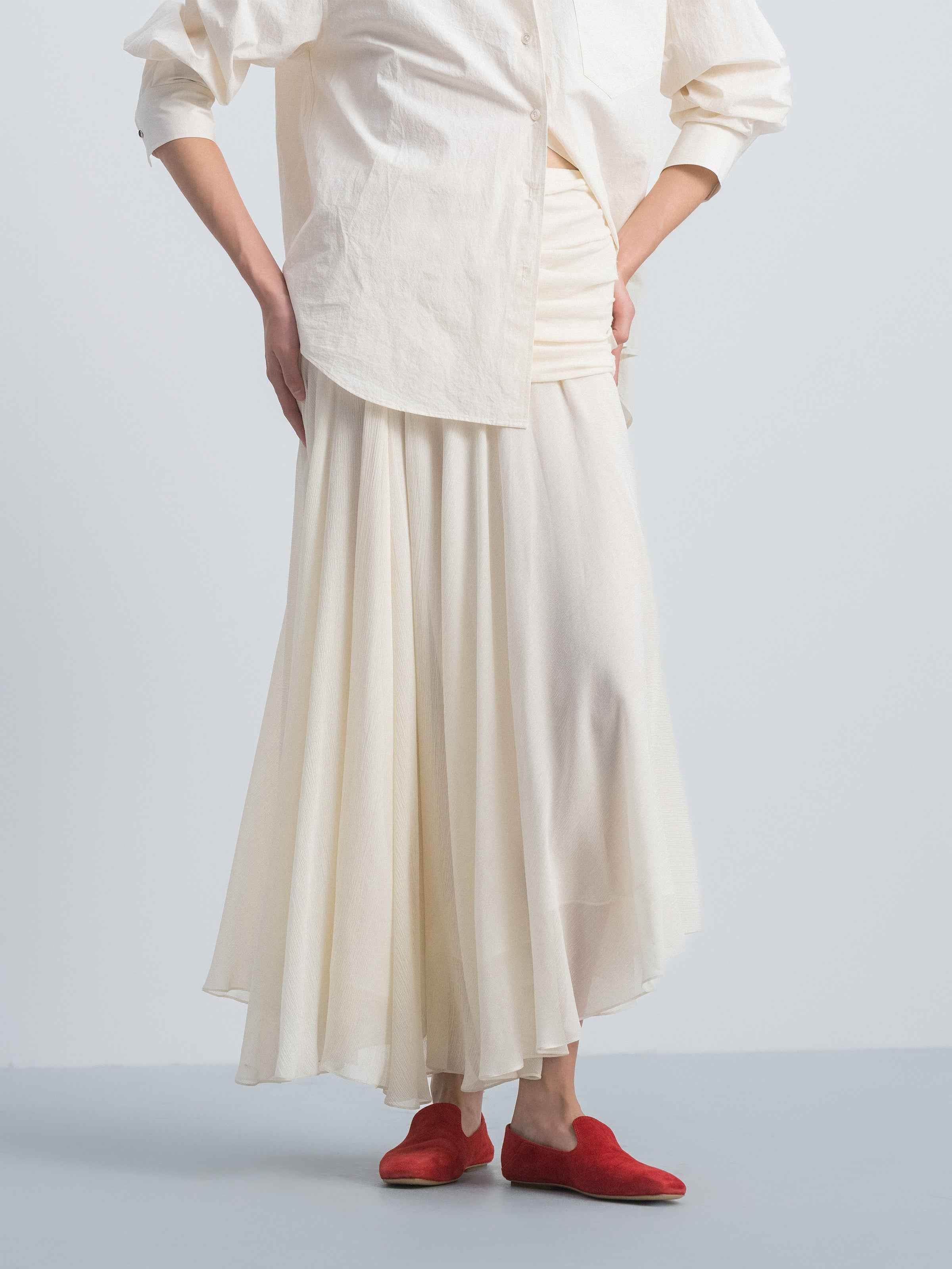 Cream White Silk Blend Gathered Waist Ruched Long Skirt