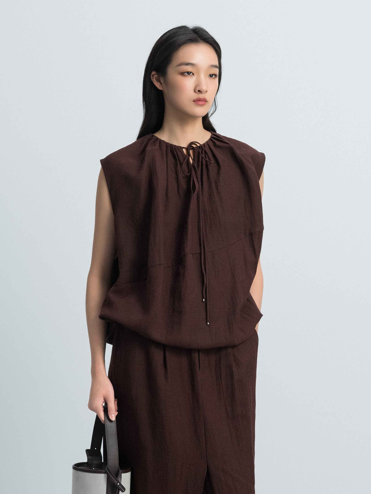 Coffee Brown Linen Blend Drawstring Neck Cocoon Top