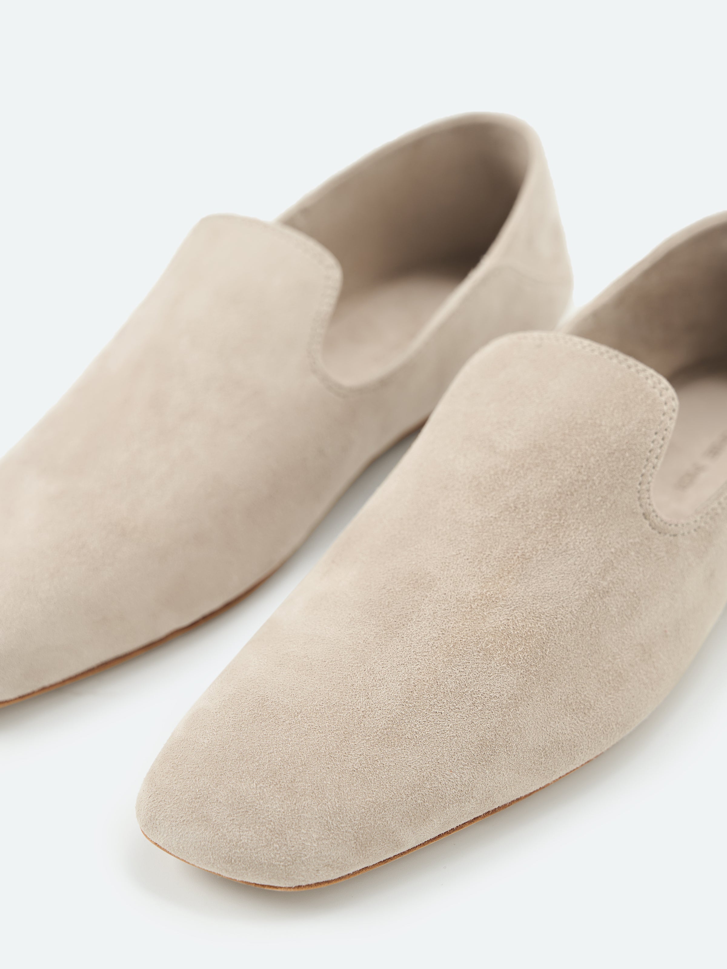Beige Suede Goatskin U-Cut Square Toe Loafer Flats