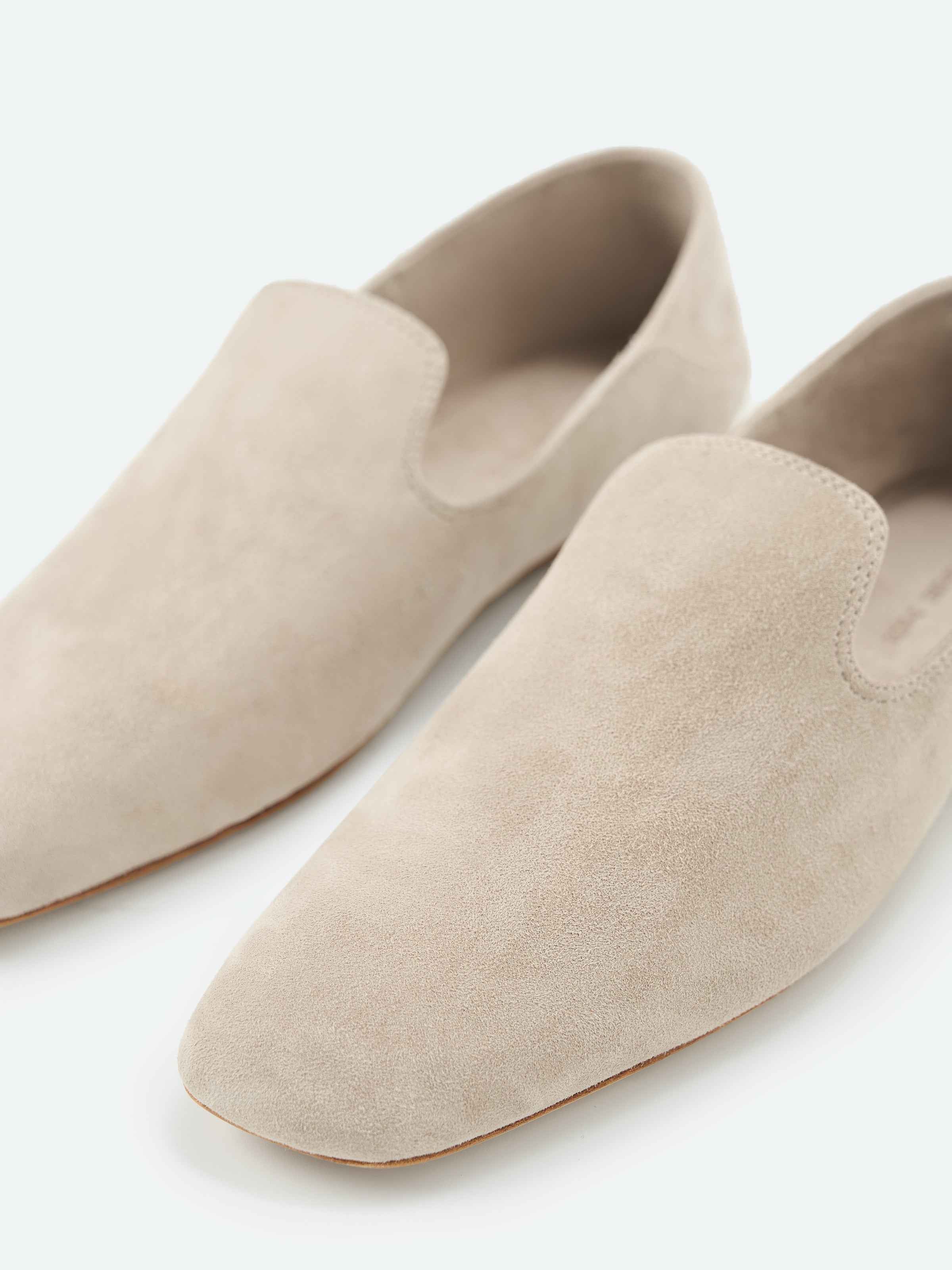 Beige Suede Goatskin U-Cut Square Toe Loafer Flats