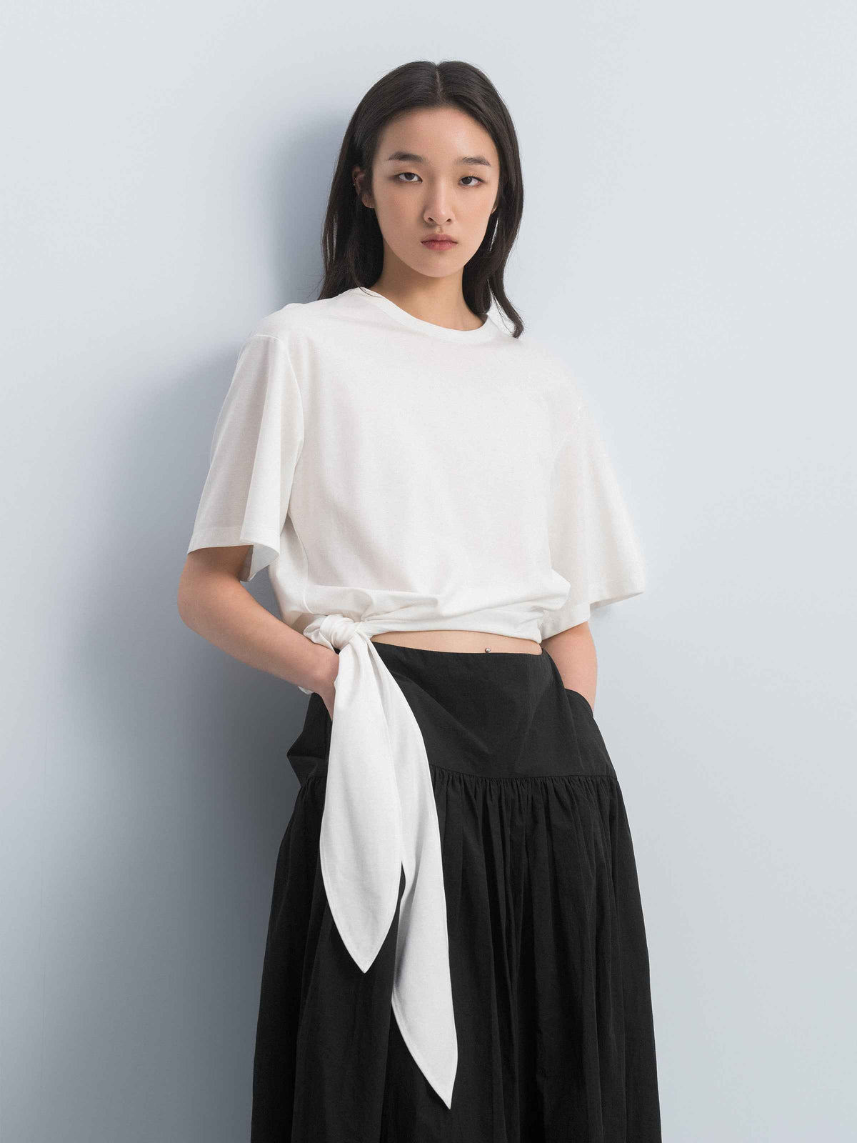 Off White Silk Romanit Knot Hem Short-Sleeve T-Shirt