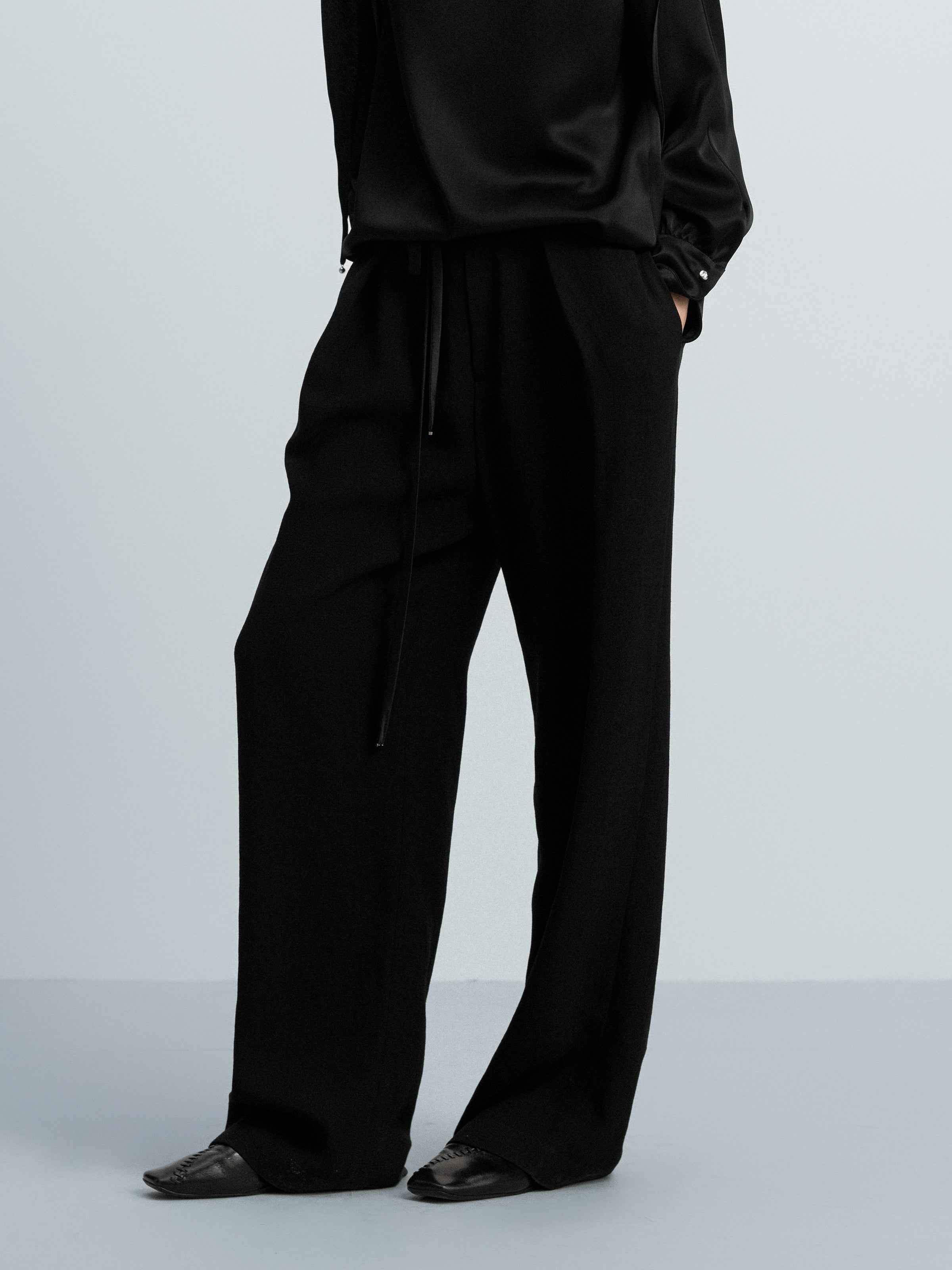 Black Diacetate Linen Weave Metal Bead Wide-Leg Trousers