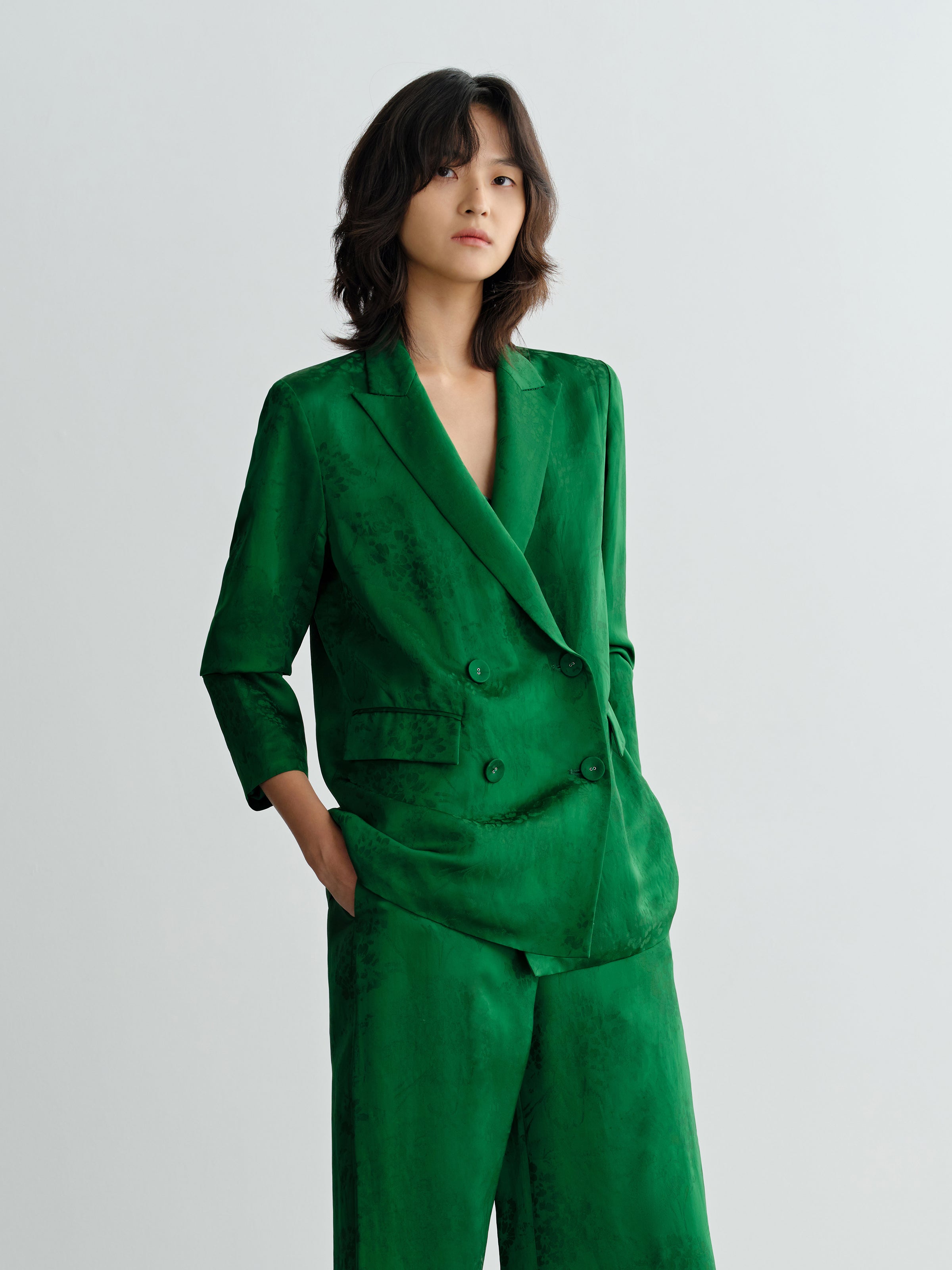 Green Mulberry Silk Jacquard Double Breasted Straight Blazer