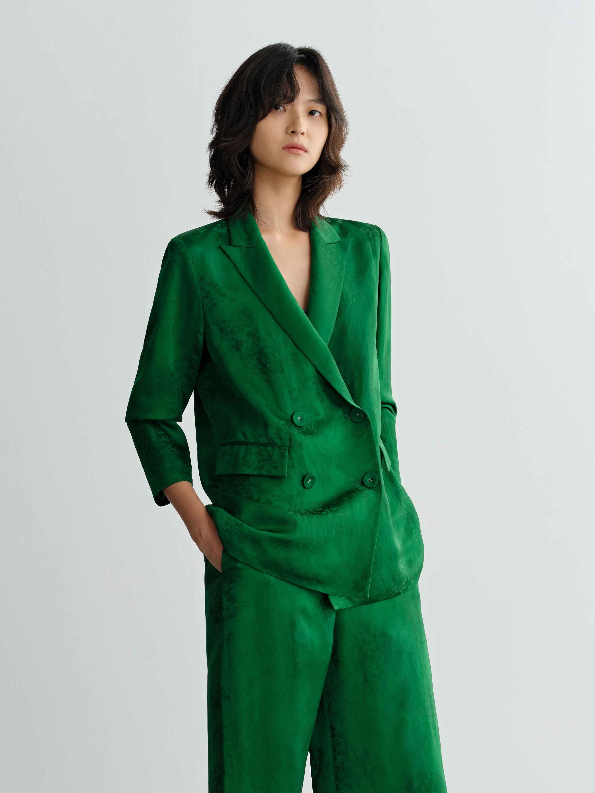 Green Mulberry Silk Jacquard Double Breasted Straight Blazer