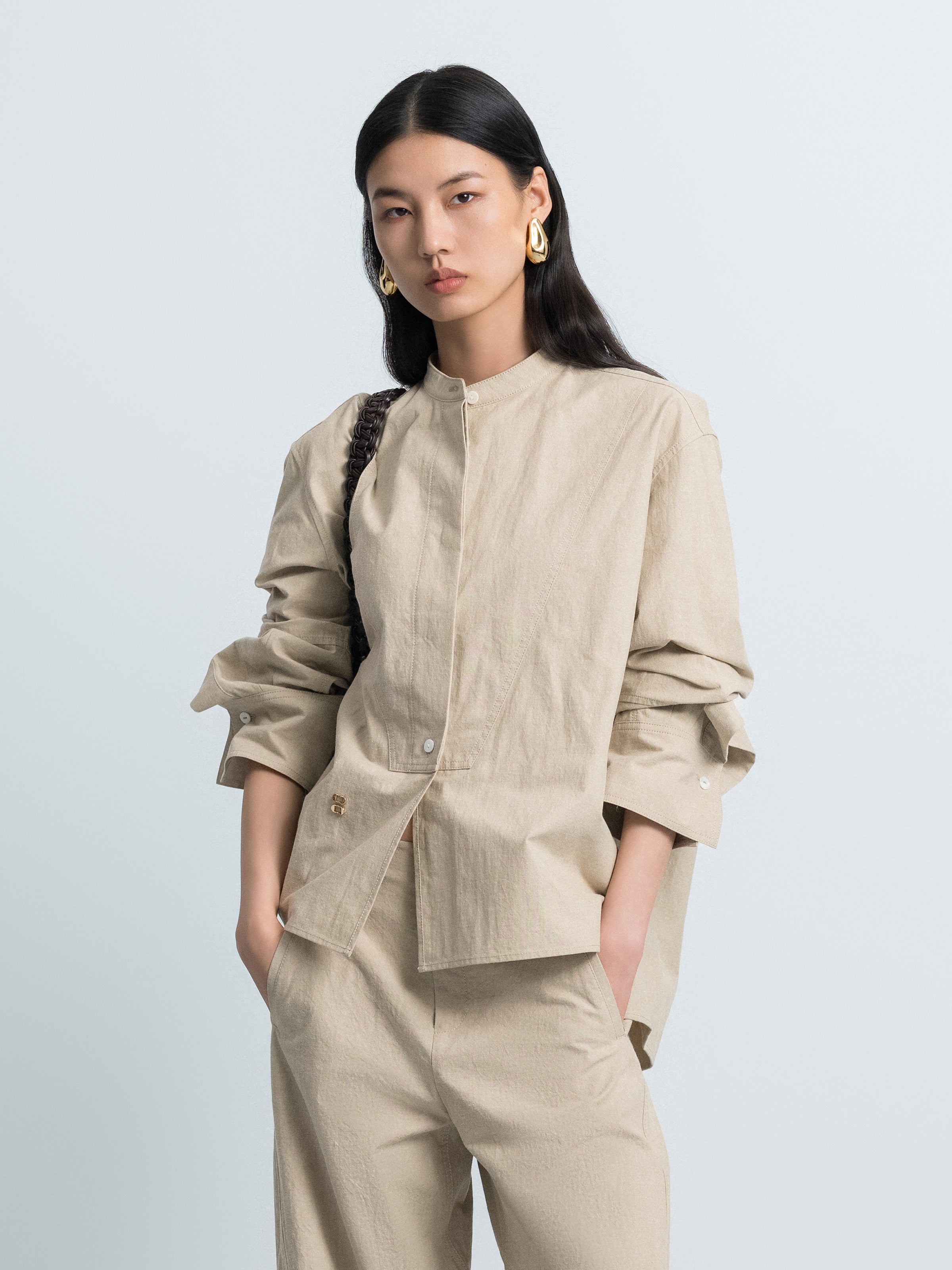 Oversized Shirt with Mini Stand Collar