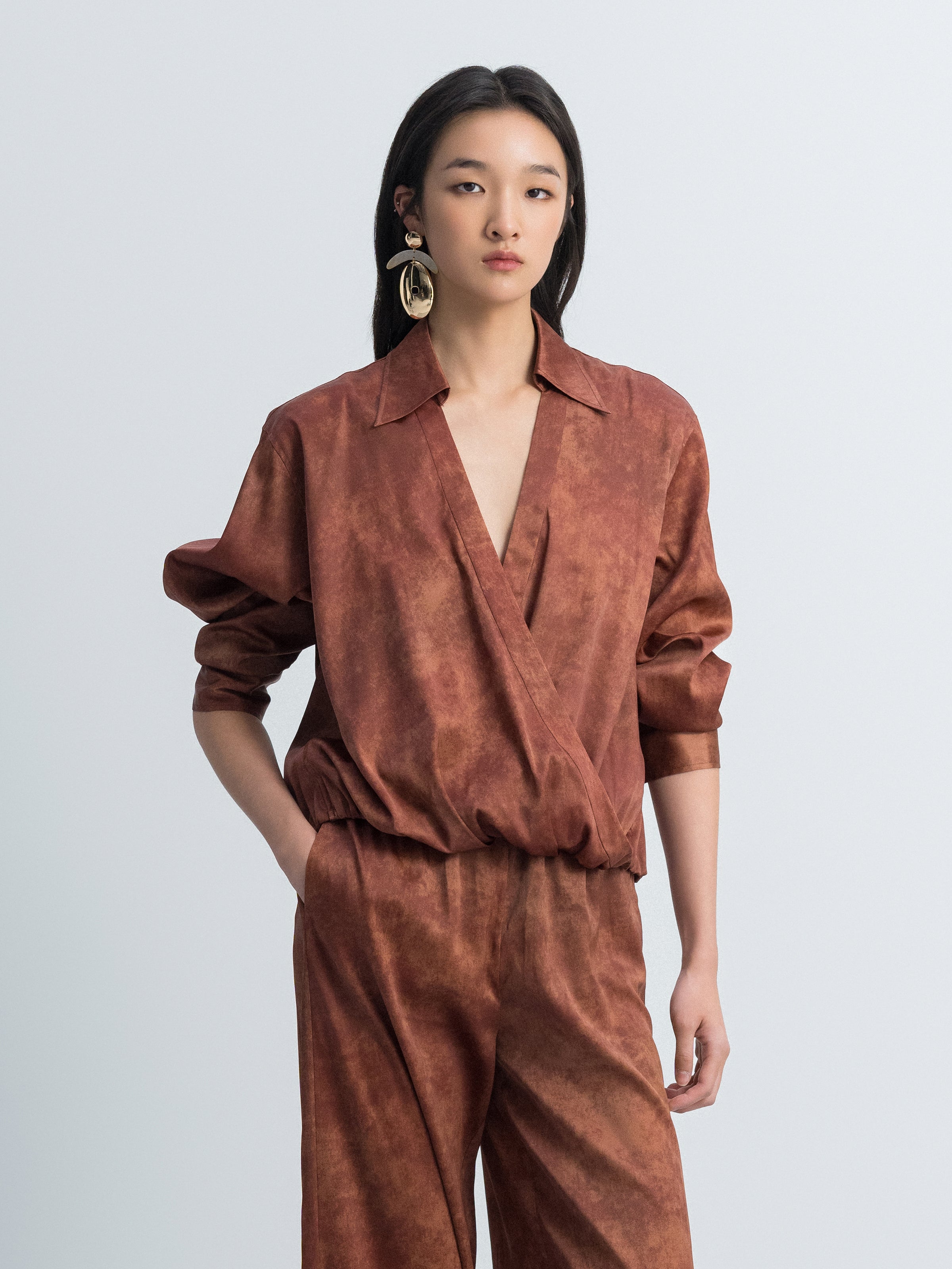 Dark Red Stretch Mulberry Satin V-Neck Long-Sleeve Top