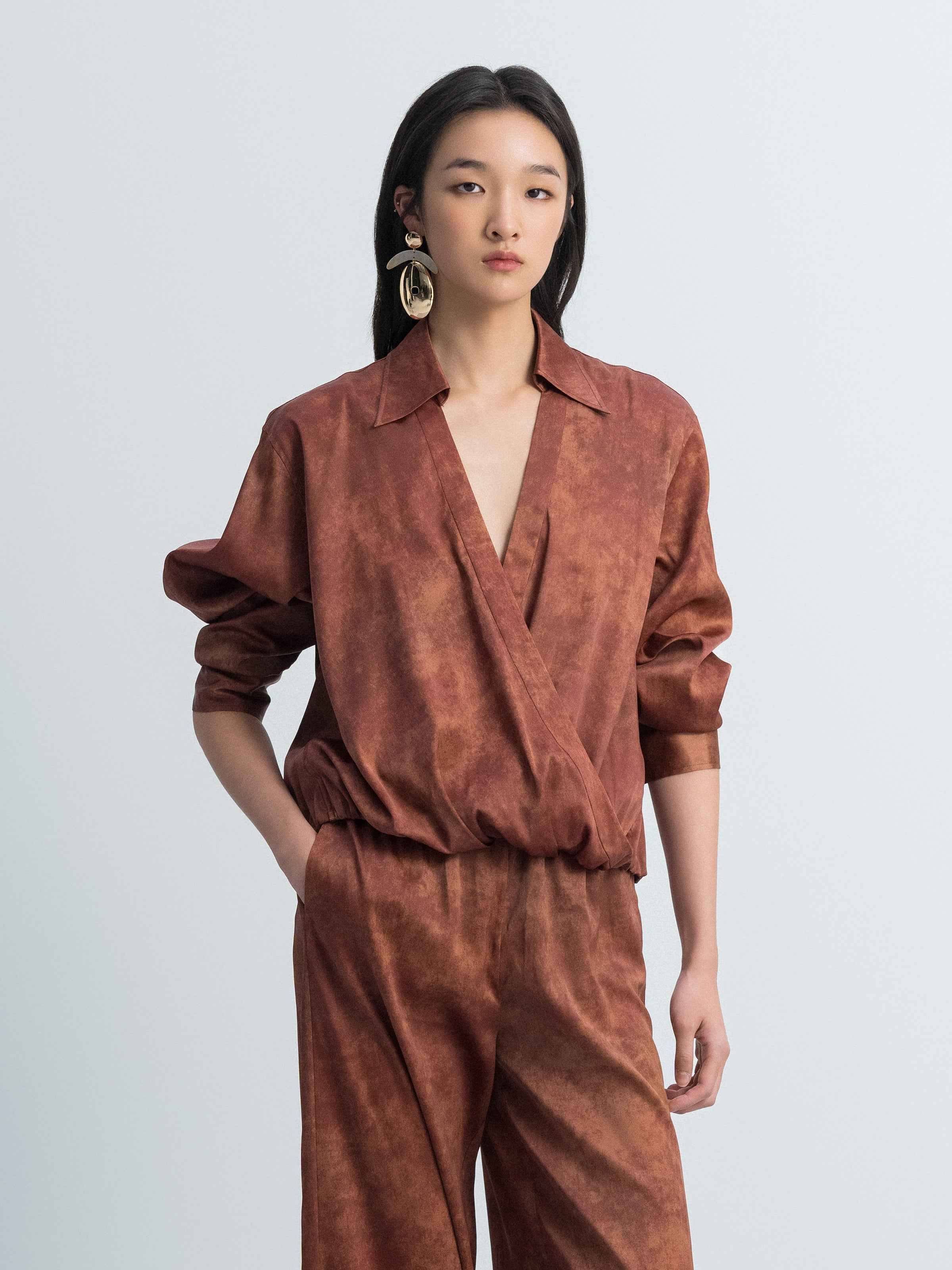 Dark Red Stretch Mulberry Satin V-Neck Long-Sleeve Top