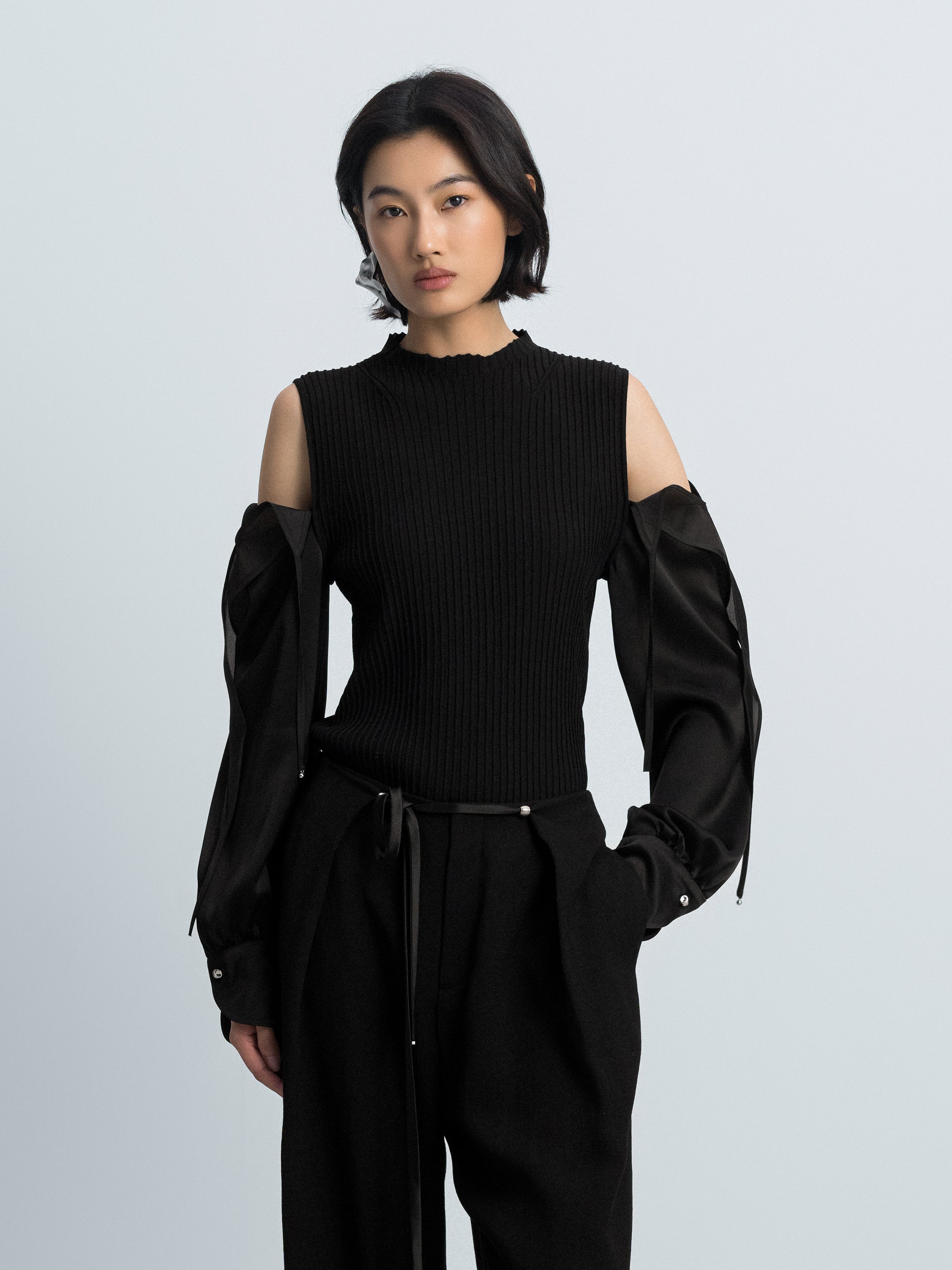 Black Viscose Satin Organza High Neck Slim Top