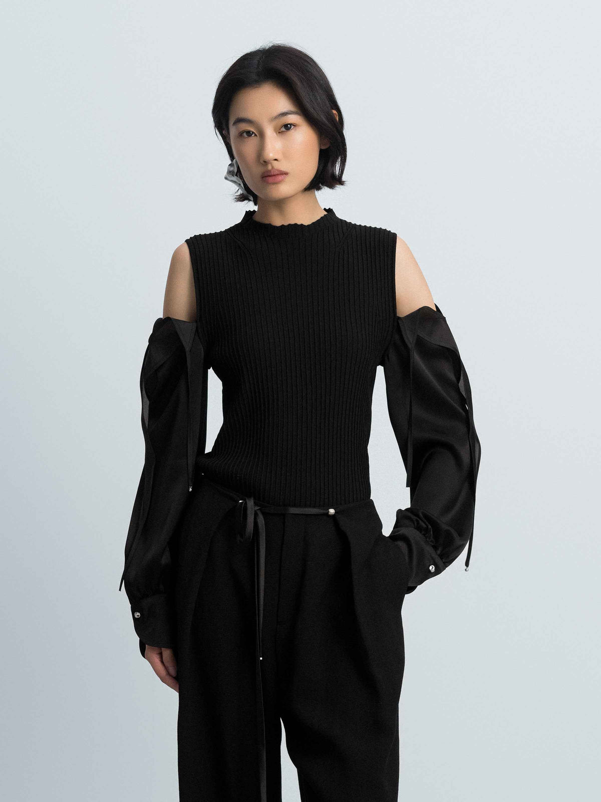 Black Viscose Satin Organza High Neck Slim Top