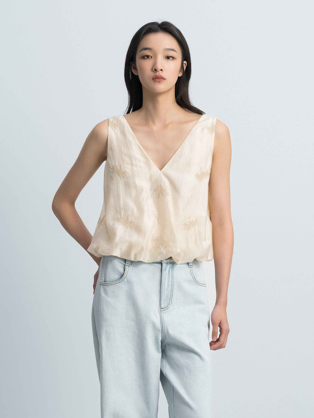 Beige Yellow Lyocell Blend V-Neck Elastic Hem Top