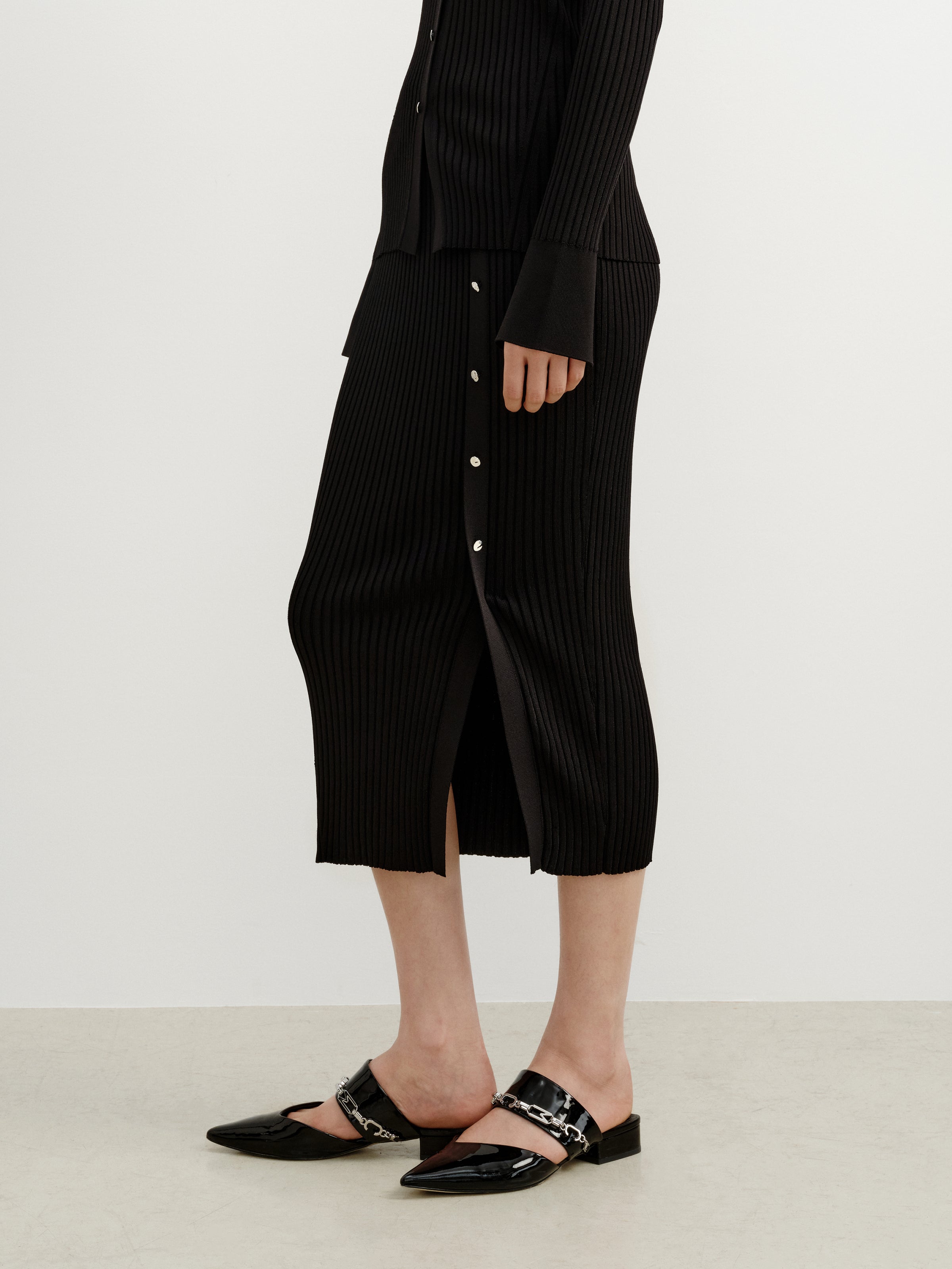 Black Viscose Blend Straight Asymmetric Slit Midi Skirt