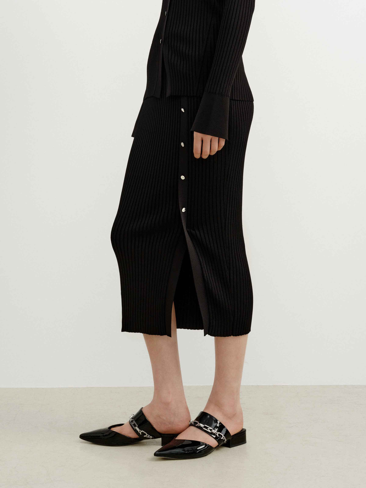 Black Viscose Blend Straight Asymmetric Slit Midi Skirt