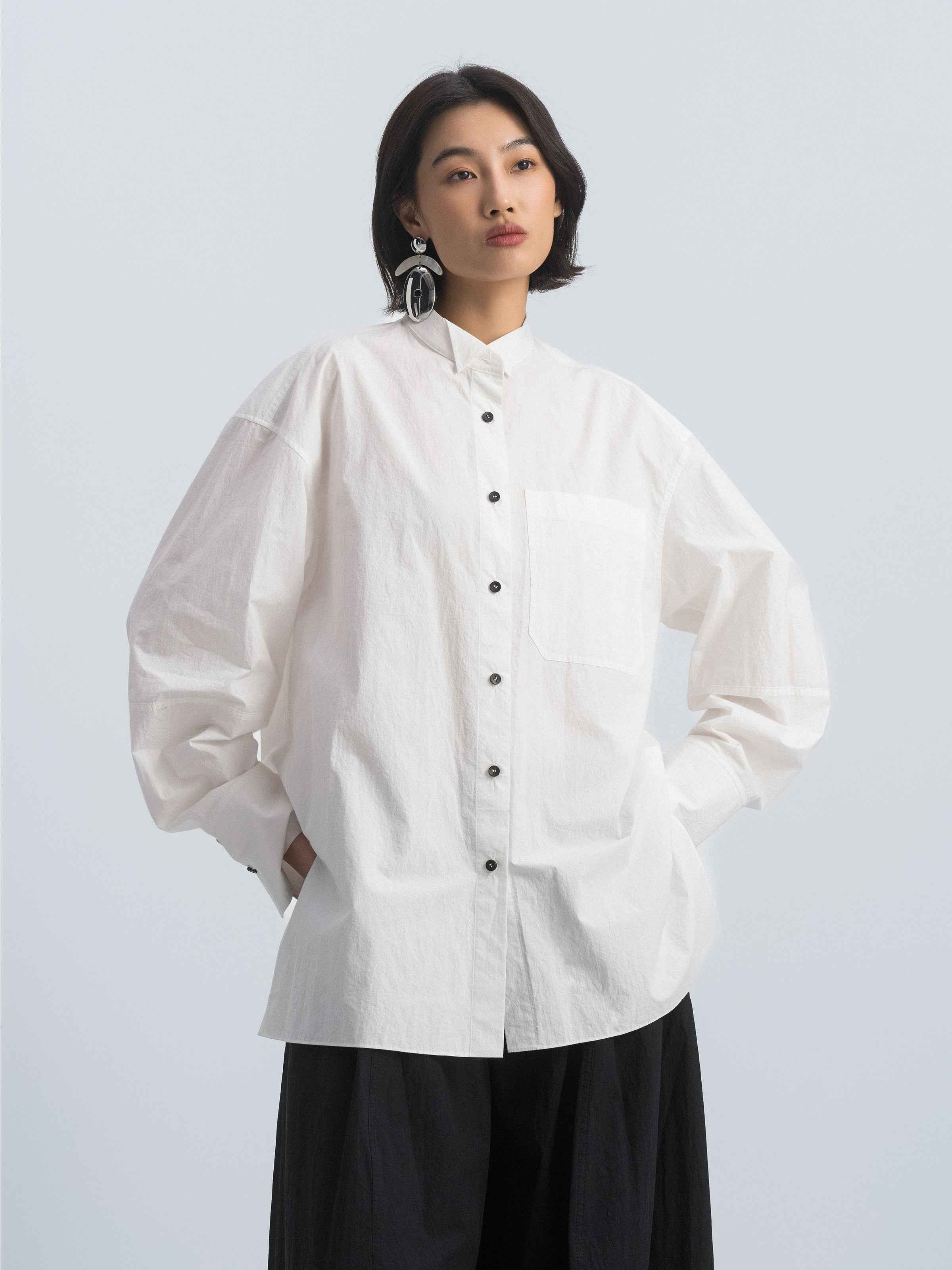 Off White Cotton Crinkle Contrast Button Side Slit Shirt