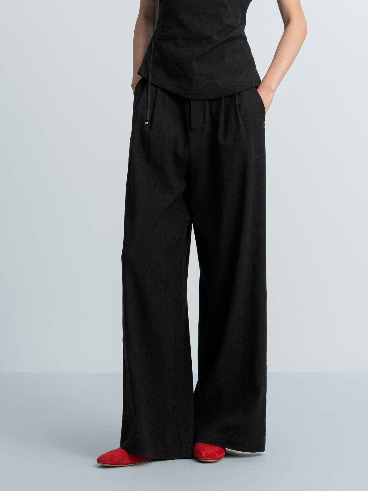Black Linen Blend Double Pleat Wide-Leg Trousers