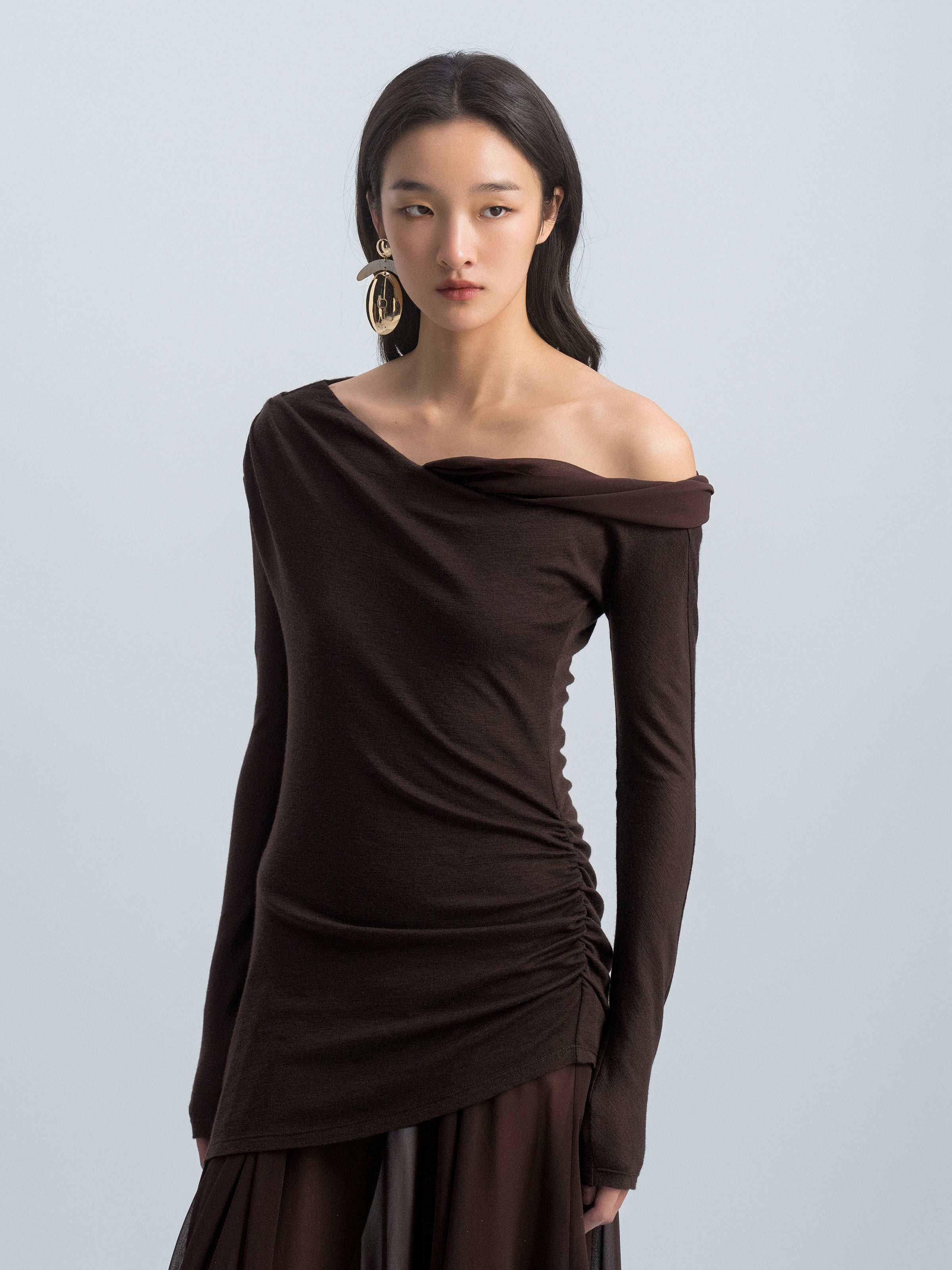 Coffee Brown Knit Silver Foil Chiffon One-Shoulder Long-Sleeve Dress