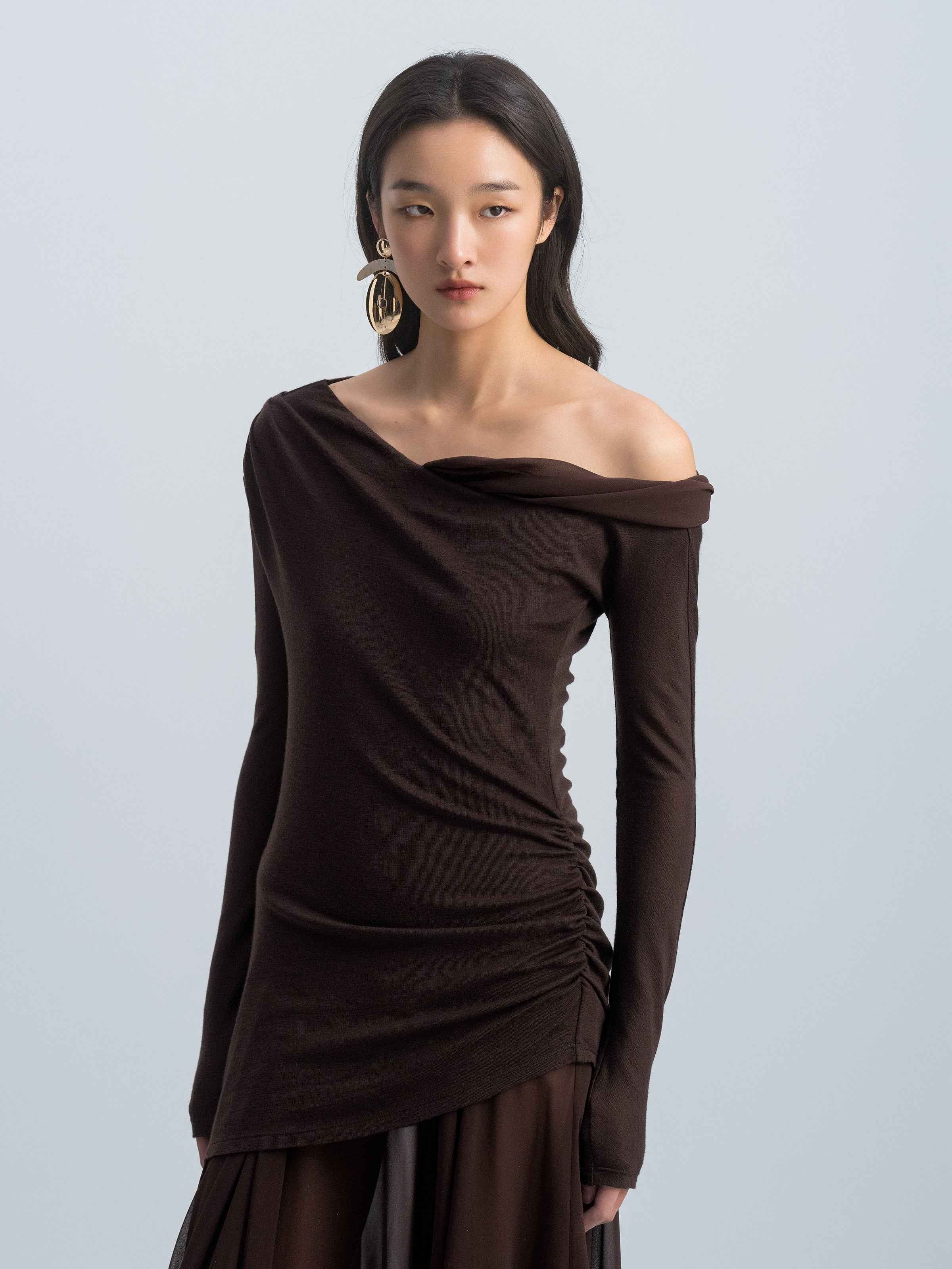 Coffee Brown Knit Silver Foil Chiffon One-Shoulder Long-Sleeve Dress