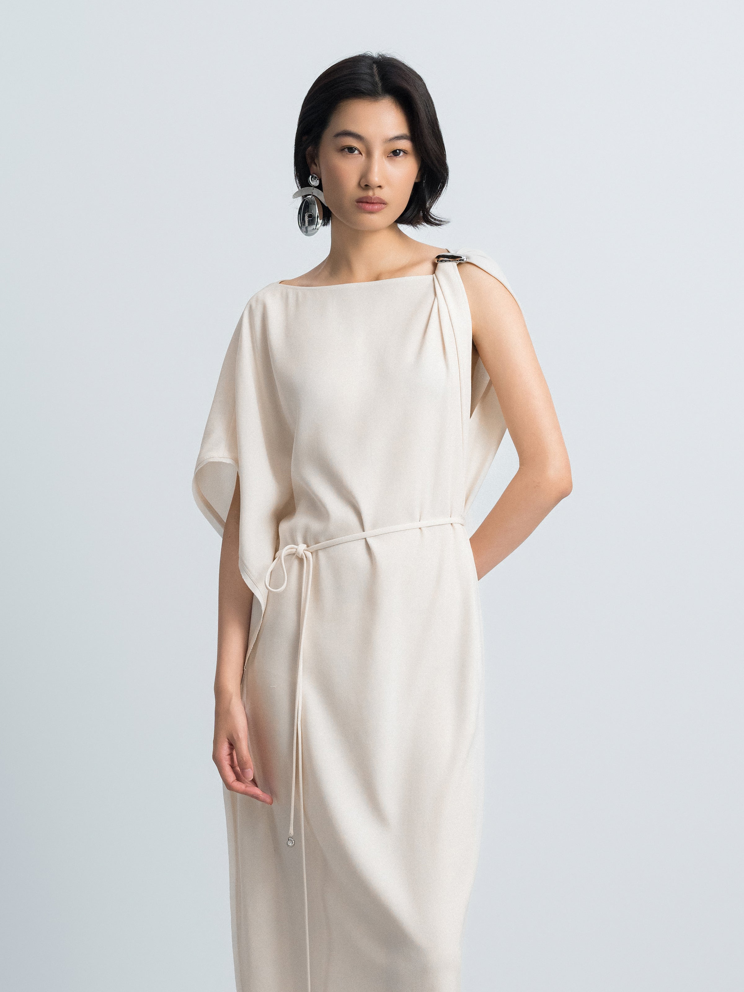 Cream White Acetate Satin Boat Neck Asymmetric Dress