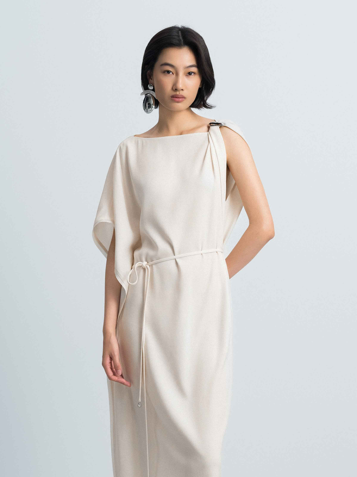 Cream White Acetate Satin Boat Neck Asymmetric Dress