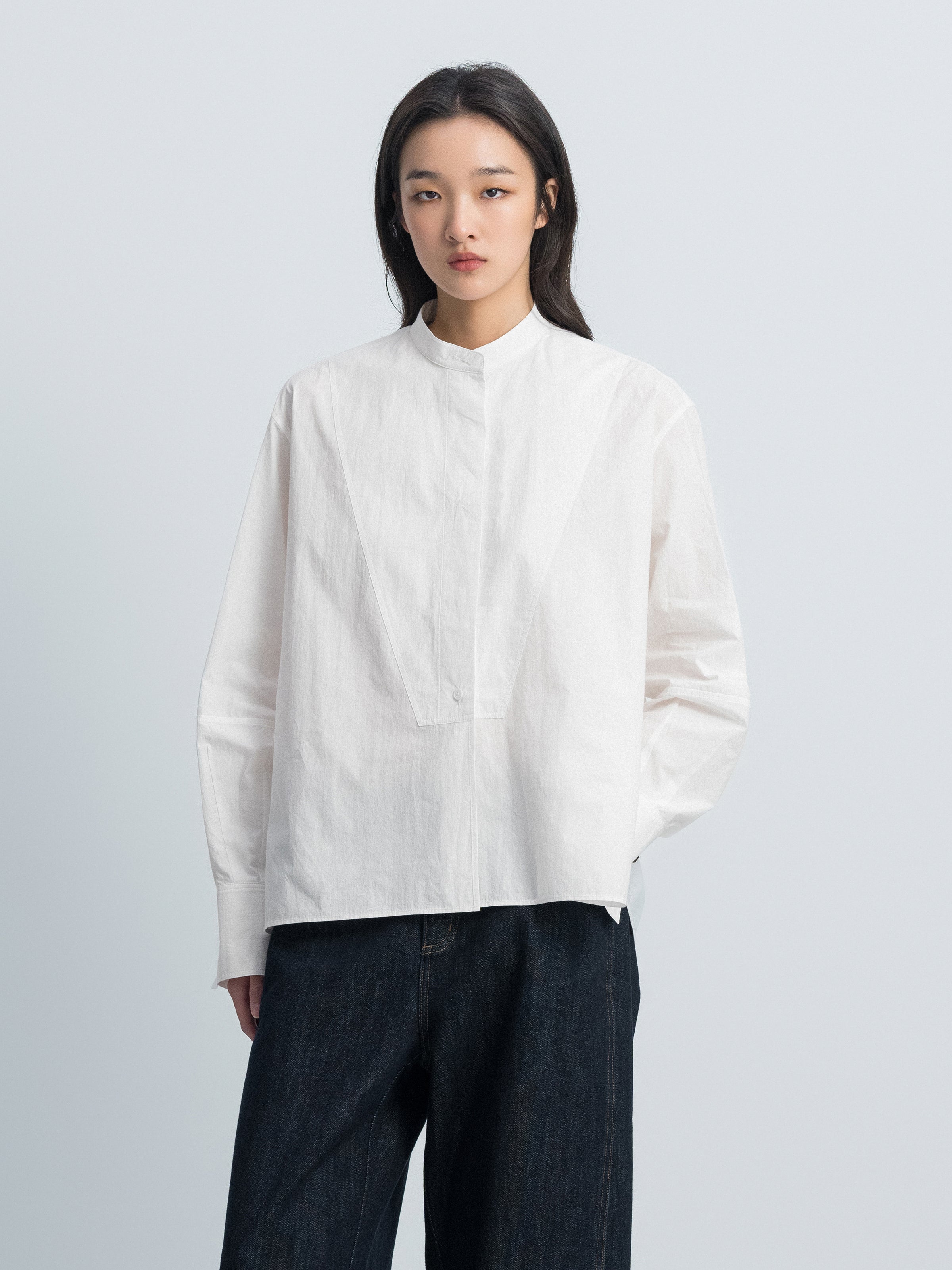 Off White Cotton Crinkle Stand Collar Hidden Placket Shirt