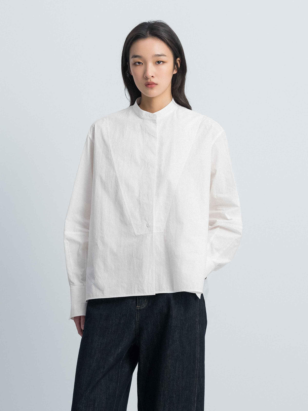 Off White Cotton Crinkle Stand Collar Hidden Placket Shirt