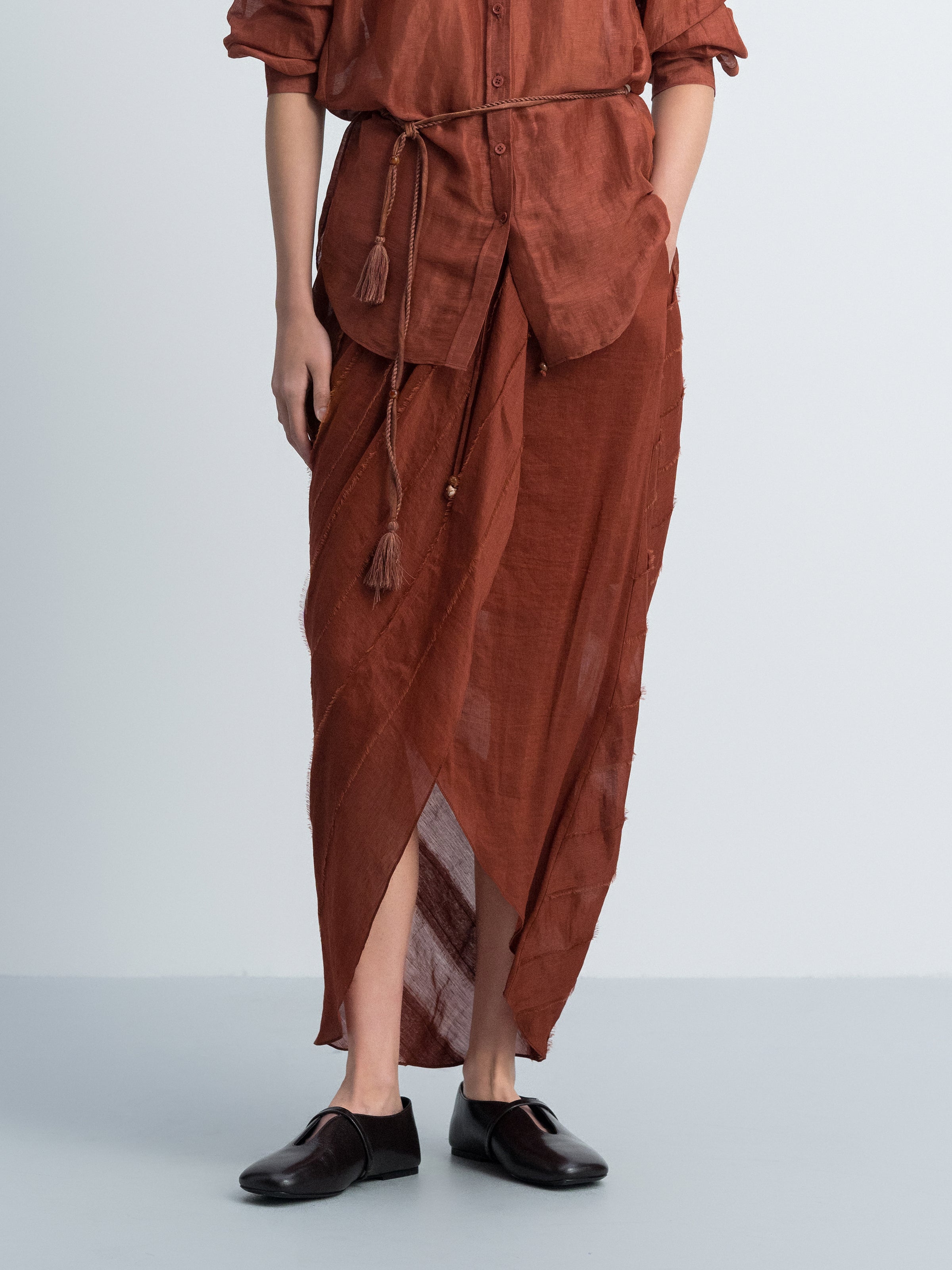 Dark Red Silk Linen Tassel Waist Irregular Cocoon Midi Skirt
