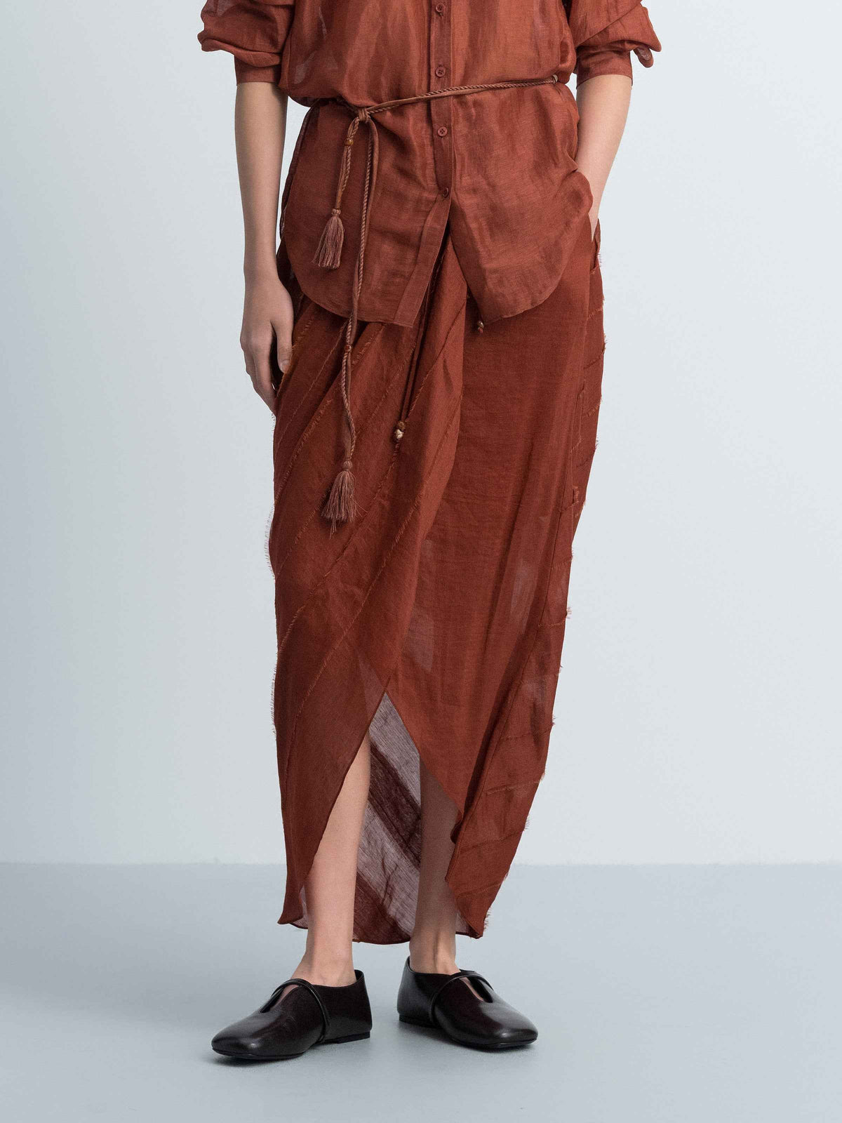 Dark Red Silk Linen Tassel Waist Irregular Cocoon Midi Skirt