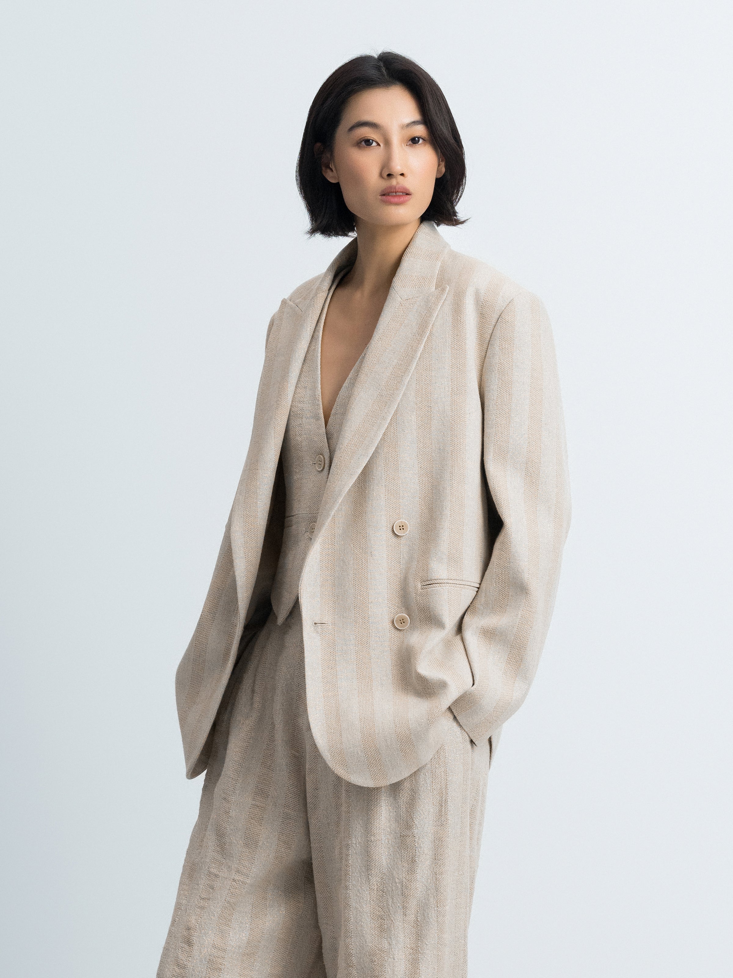Beige Cotton Linen Peak Lapel Straight Blazer