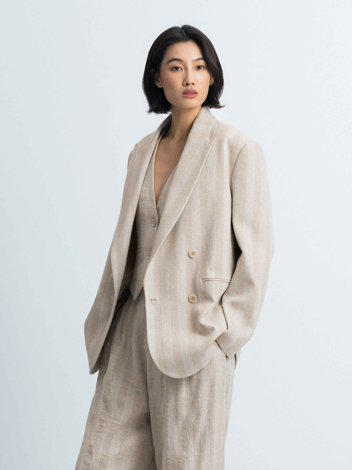 Beige Cotton Linen Peak Lapel Straight Blazer