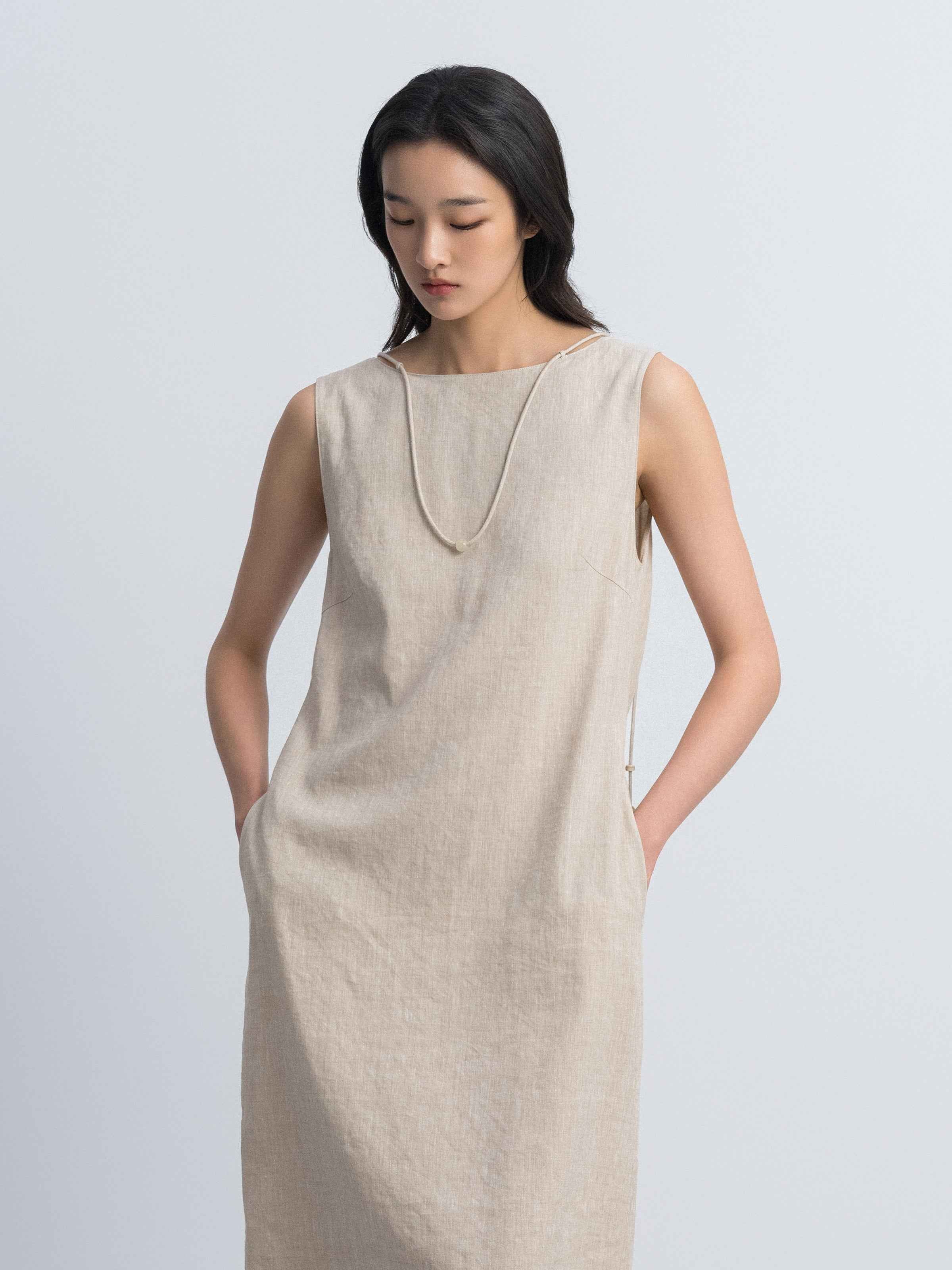 Oatmeal Linen Blend V Knot Back Cocoon Sleeveless Dress