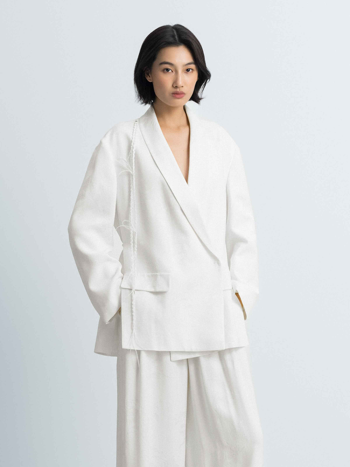 Cream White Rayon Jacquard Shawl Collar Oversized Blazer