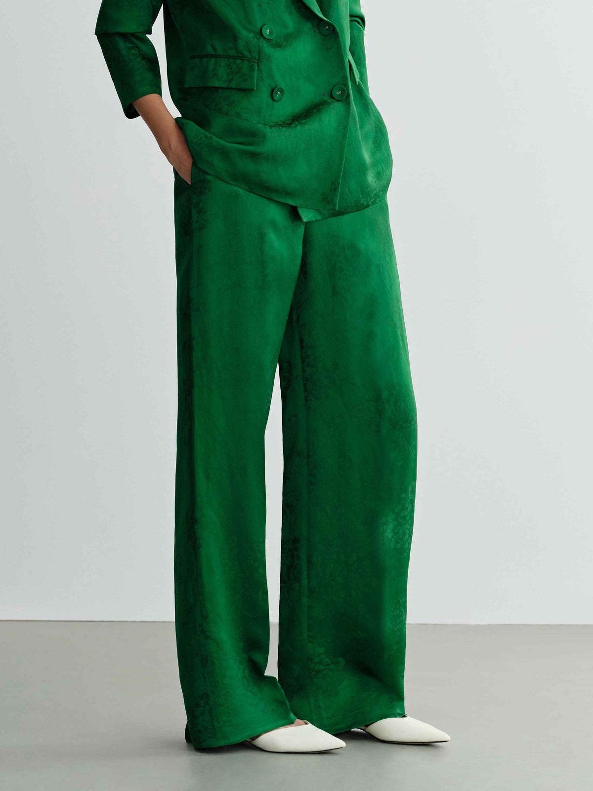 Green Mulberry Silk Jacquard Wide-Leg Trousers