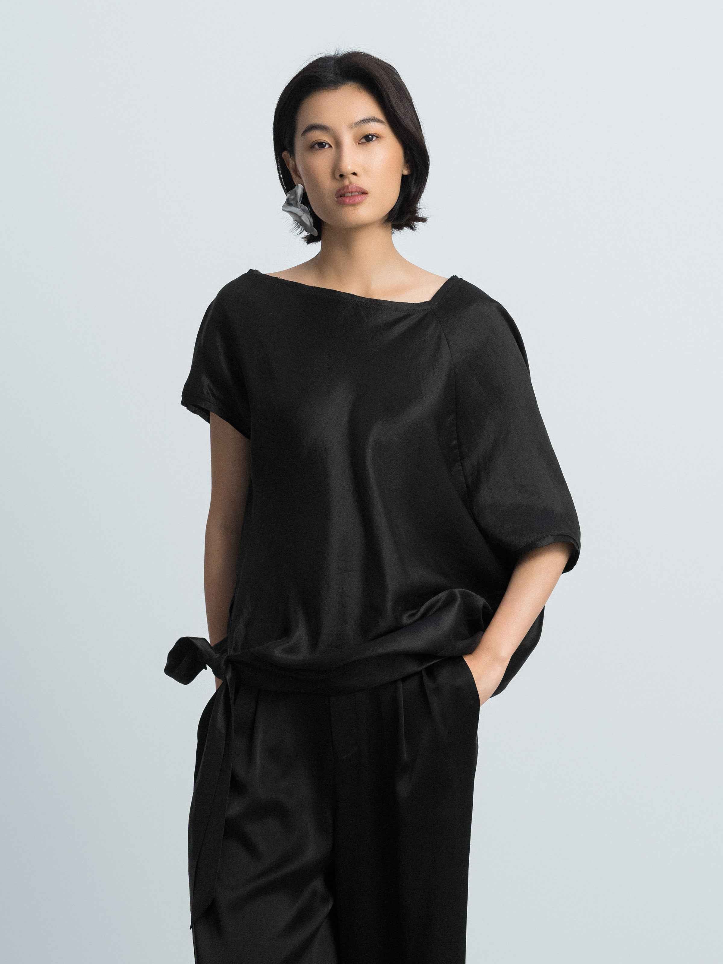 Black Shiny Silk Irregular Cocoon Asymmetric Sleeve Top