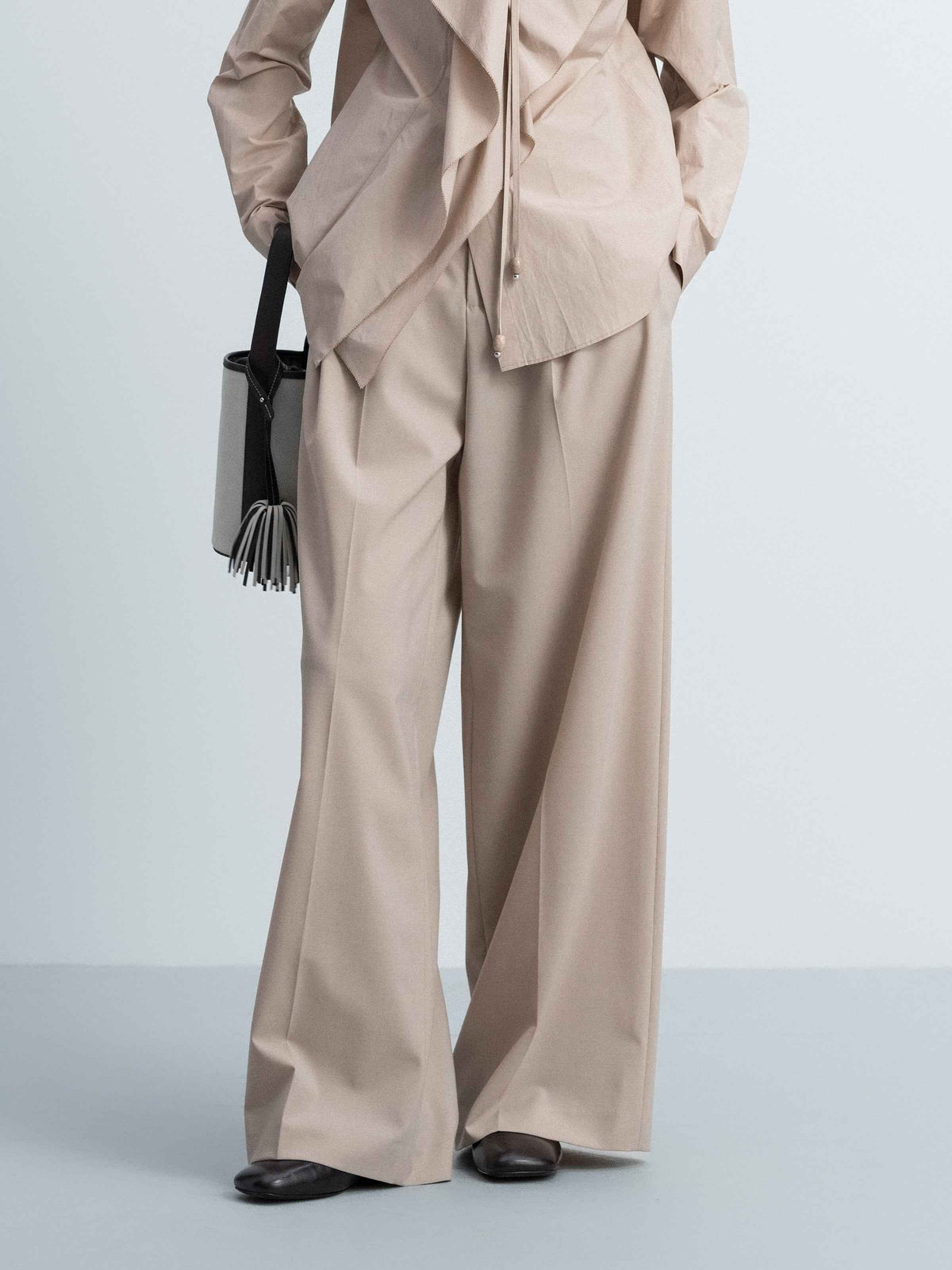Light Khaki Worsted Wool Double Pleat Wide-Leg Trousers