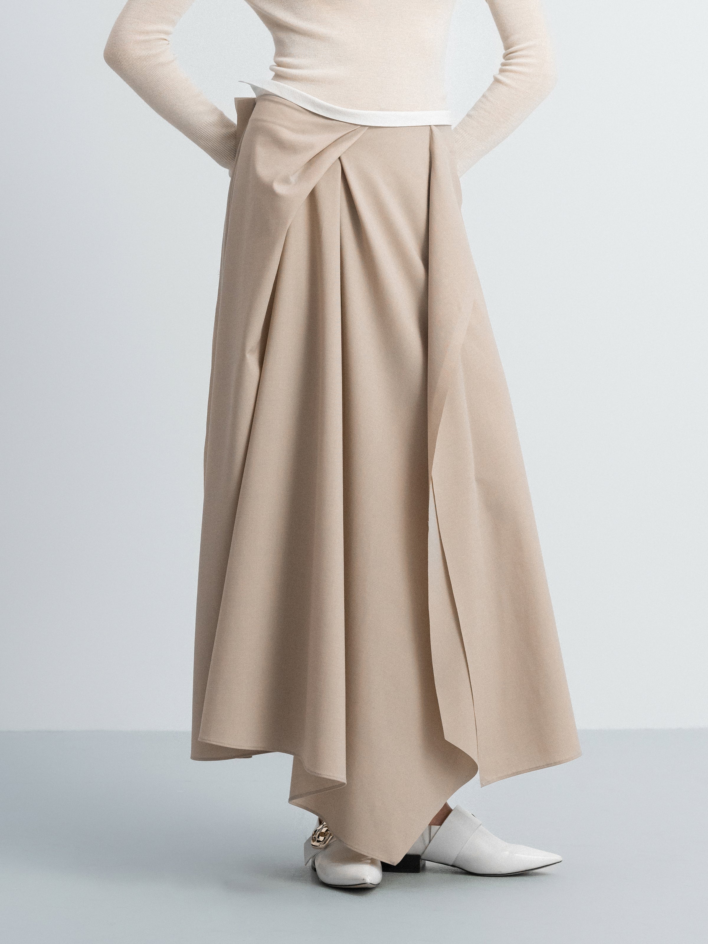Light Khaki Worsted Wool A-Line Front Pleat Skirt