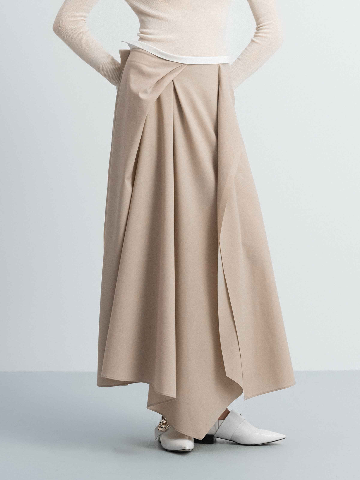 Light Khaki Worsted Wool A-Line Front Pleat Skirt
