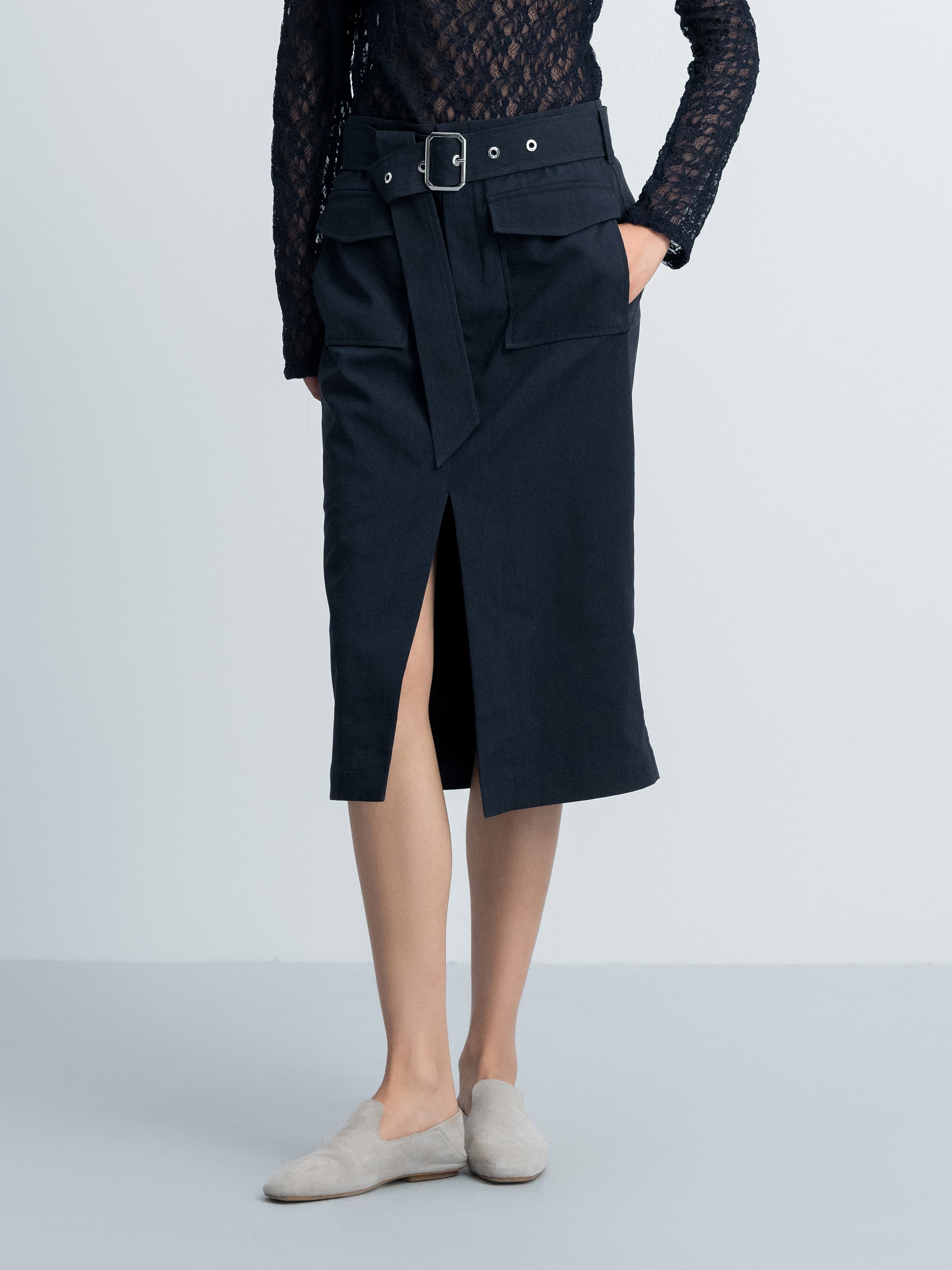 Navy Blue Linen Blend D-Ring Utility Pocket Midi Skirt