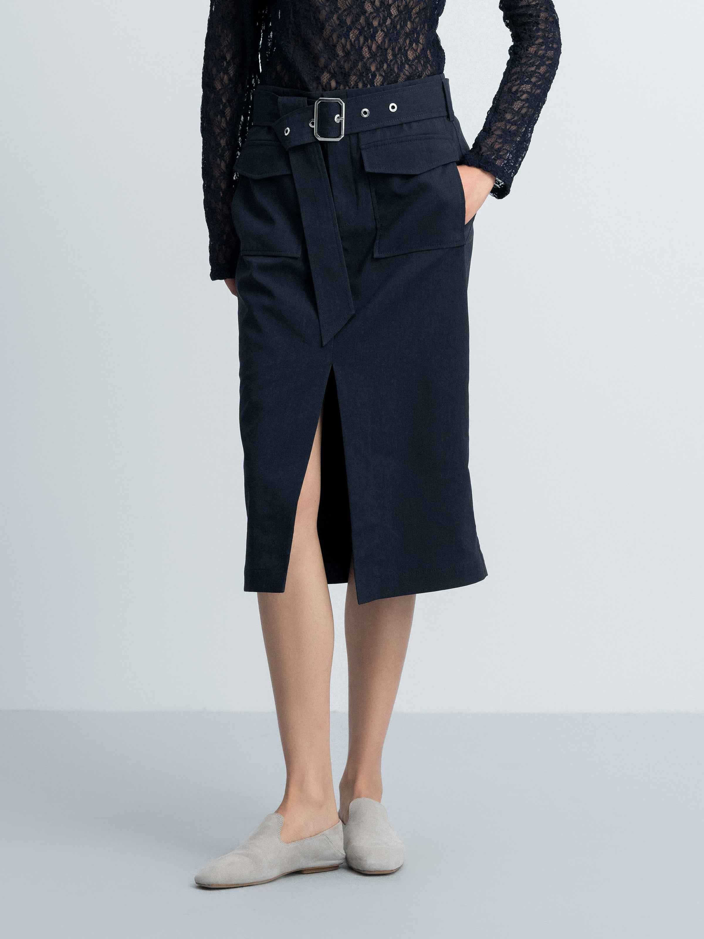 Navy Blue Linen Blend D-Ring Utility Pocket Midi Skirt