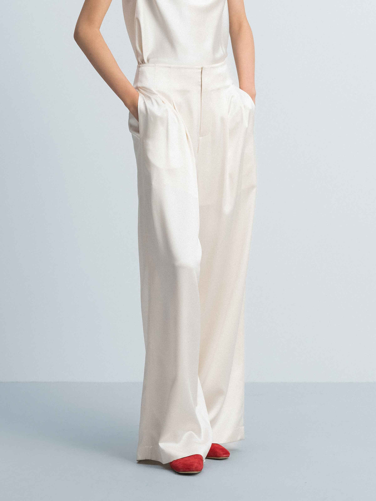 Beige Yellow Mulberry Silk Satin Double Pleat Wide-Leg Trousers