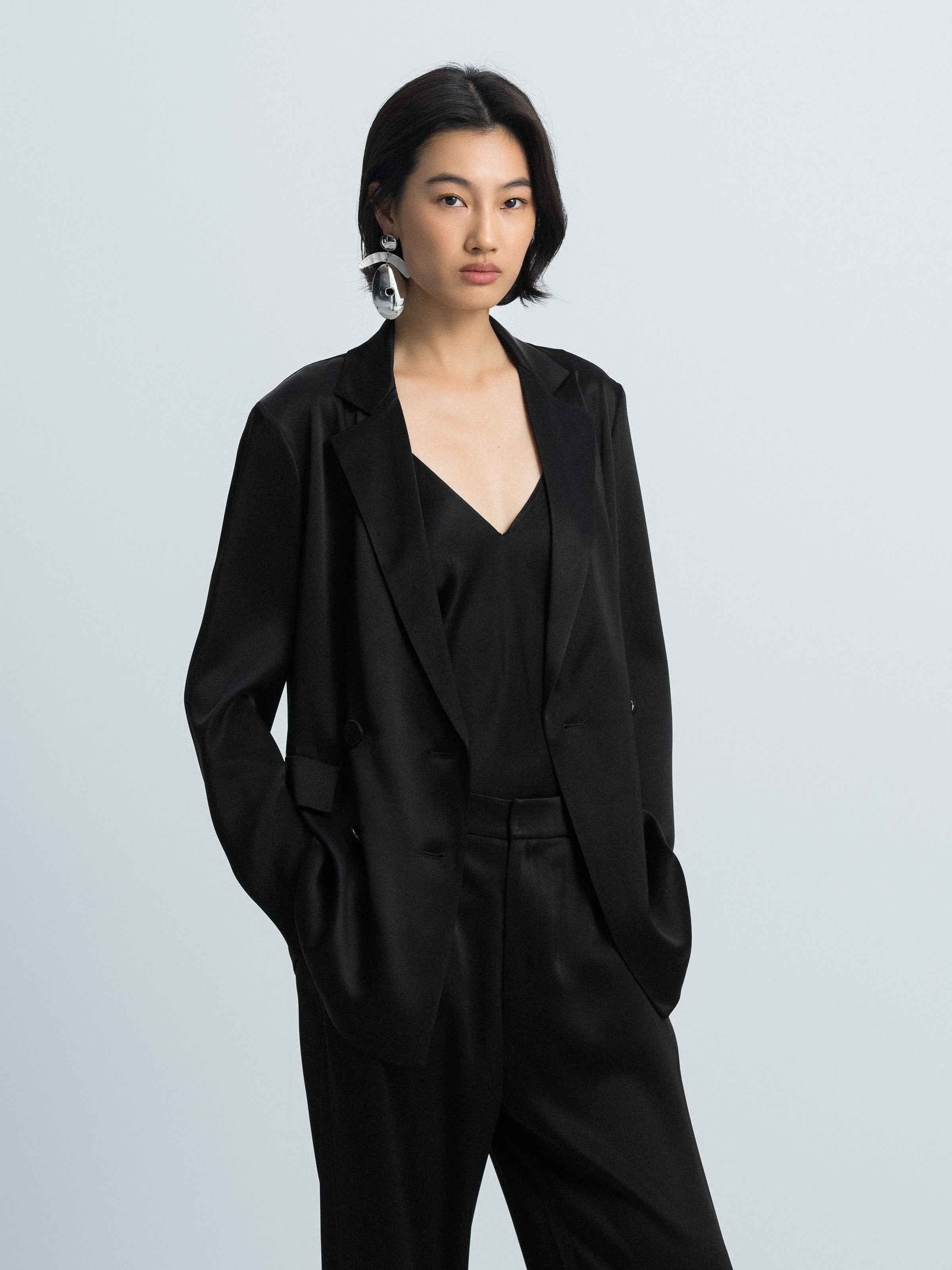 Black Triacetate Satin Classic Straight Blazer