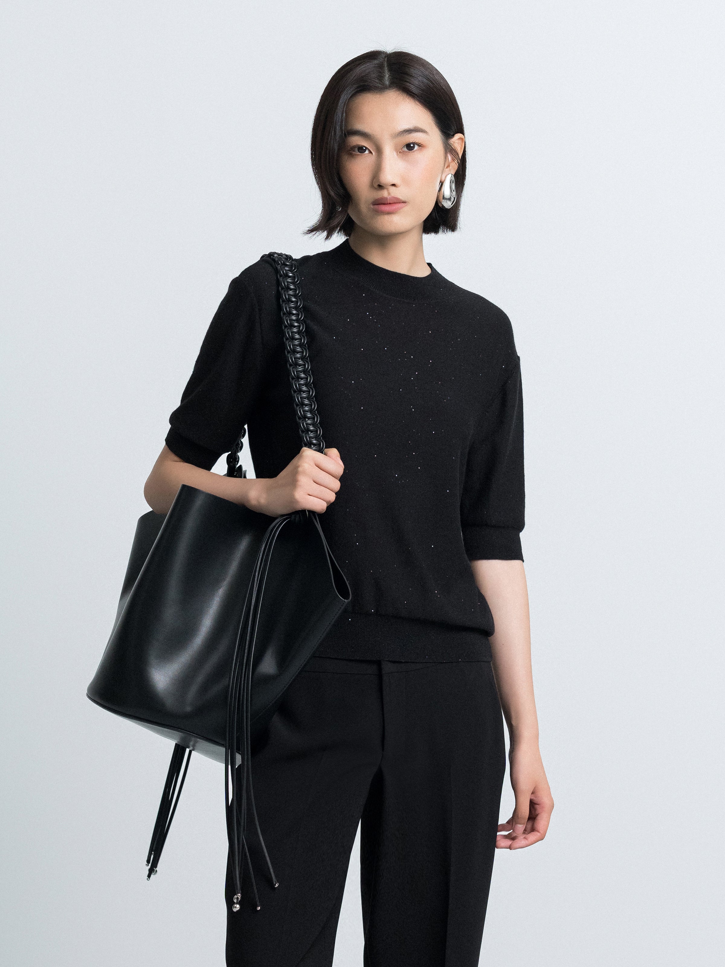 Elbow-Sleeve Knit Sweater with Sequin Fabric