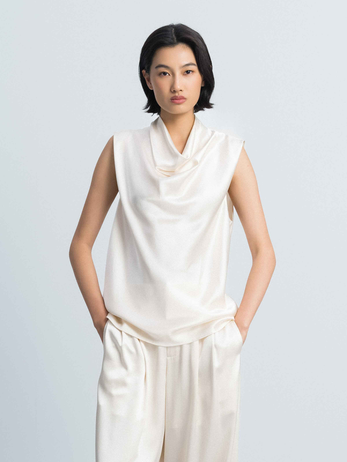 Beige Yellow Mulberry Silk Satin Draped Neck Sleeveless Top