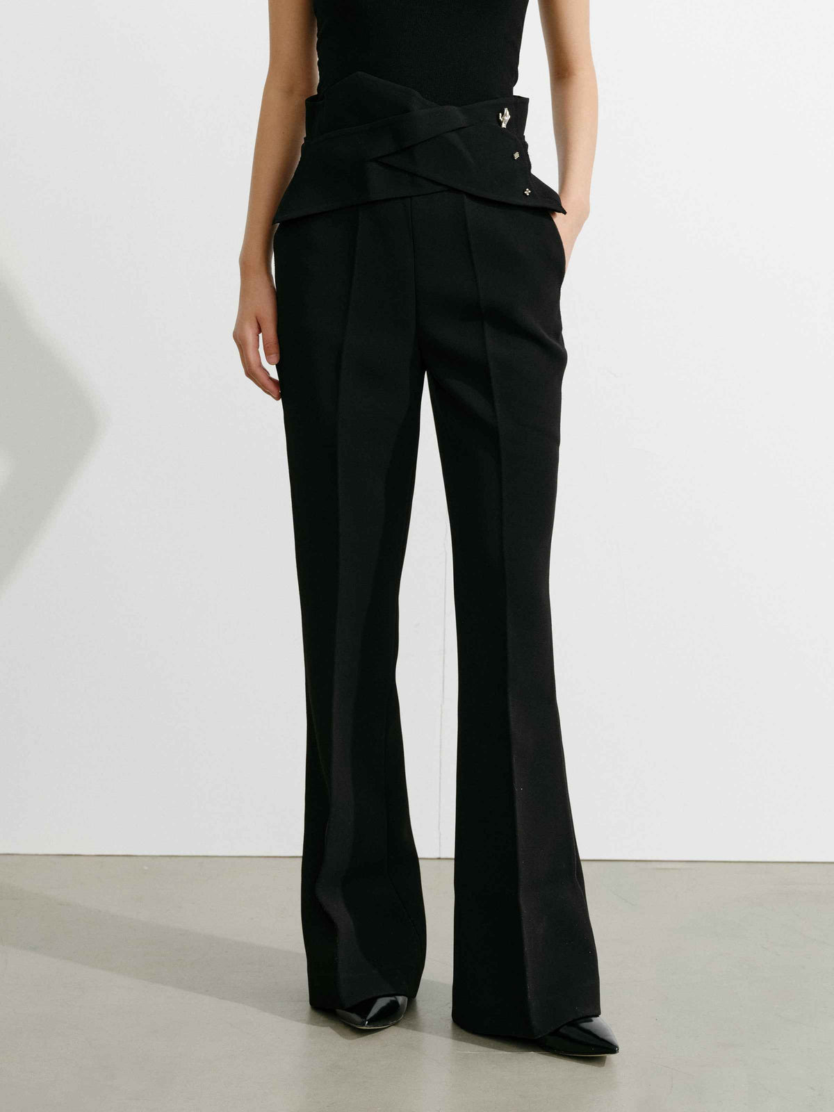 Waistband‑Decorated Flare Trousers