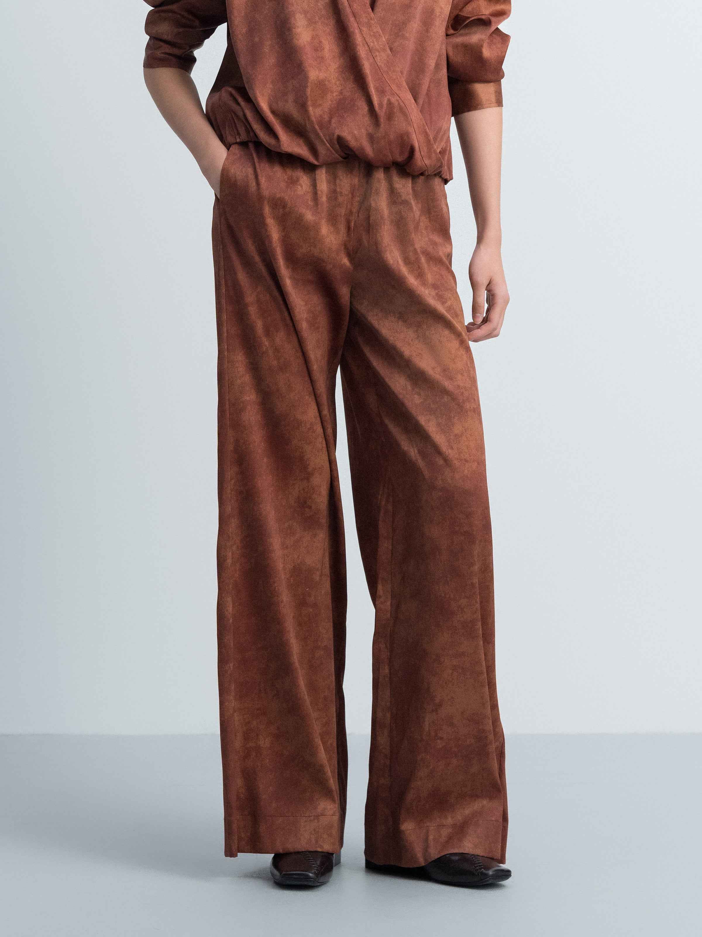 Dark Red Stretch Mulberry Satin Ruched Wide-Leg Trousers