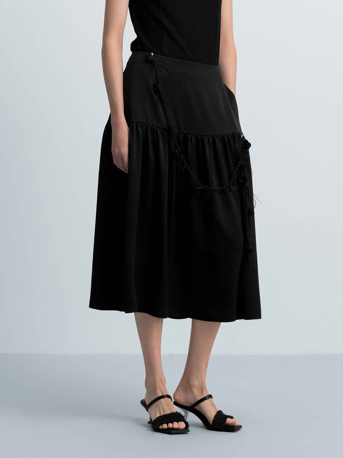 Black Triacetate 3D Pleat Ruched Patchwork Midi Skirt