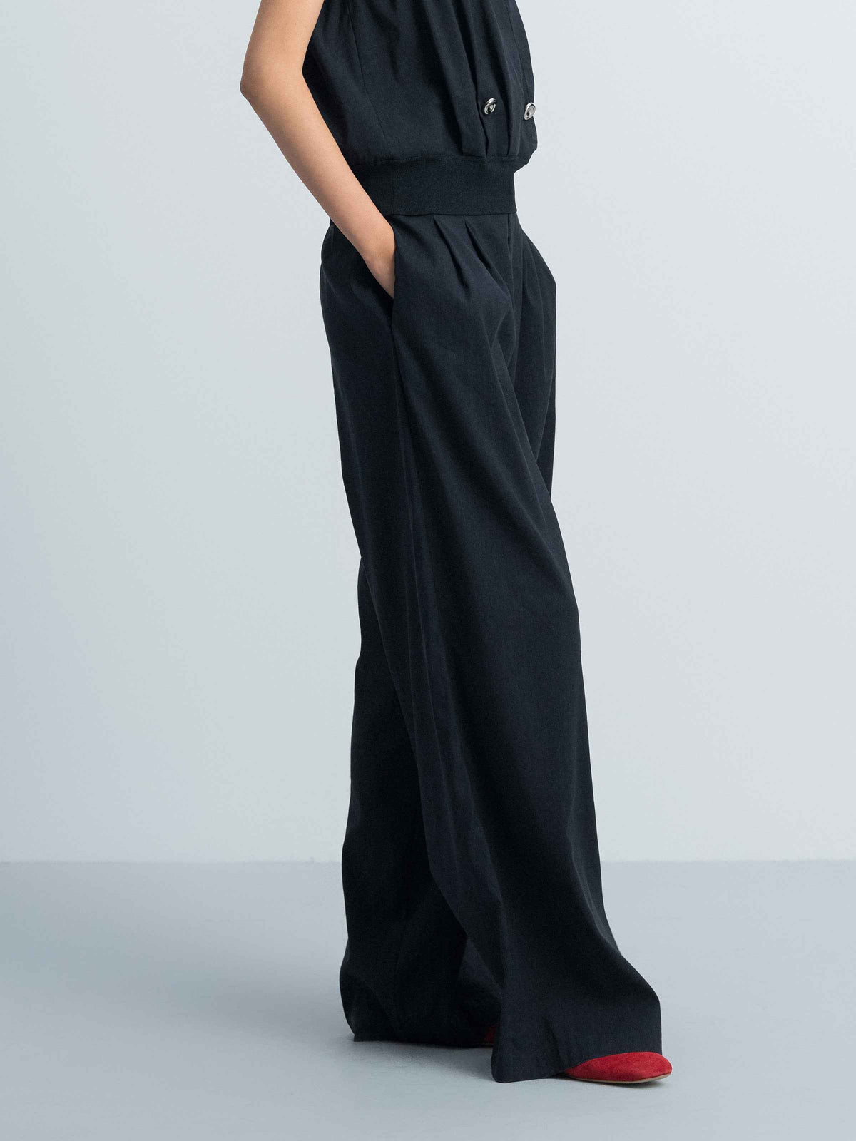 Navy Blue Linen Blend Double Pleat Wide-Leg Trousers