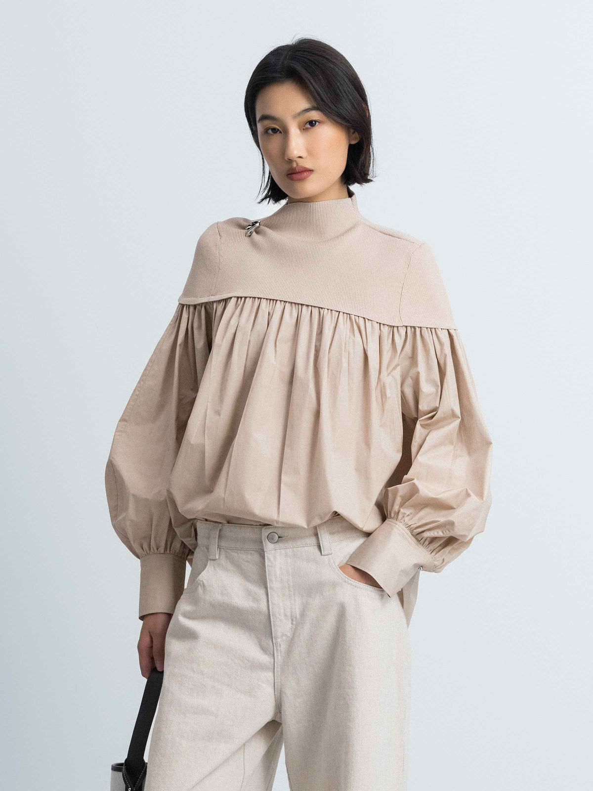 Beige Cotton Poly Viscose Spliced Ruched Long-Sleeve Top