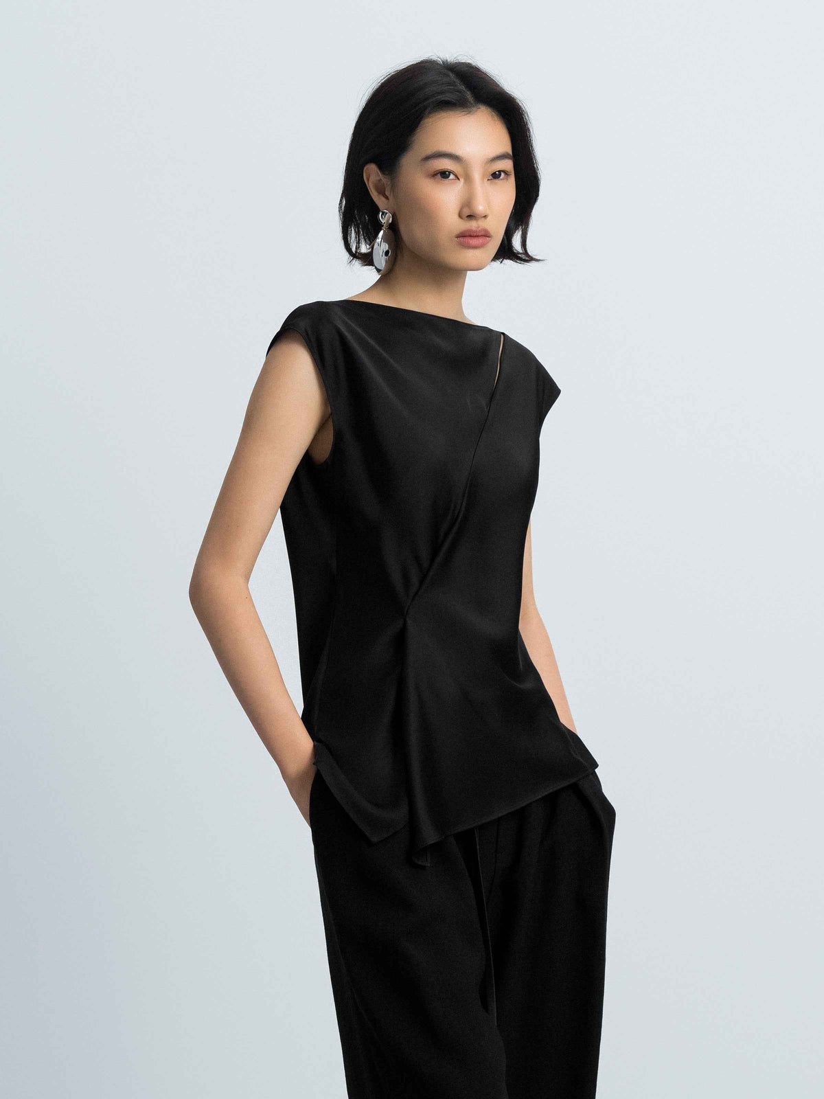 Black Acetate Satin Fitted Waist Cap Sleeve Top