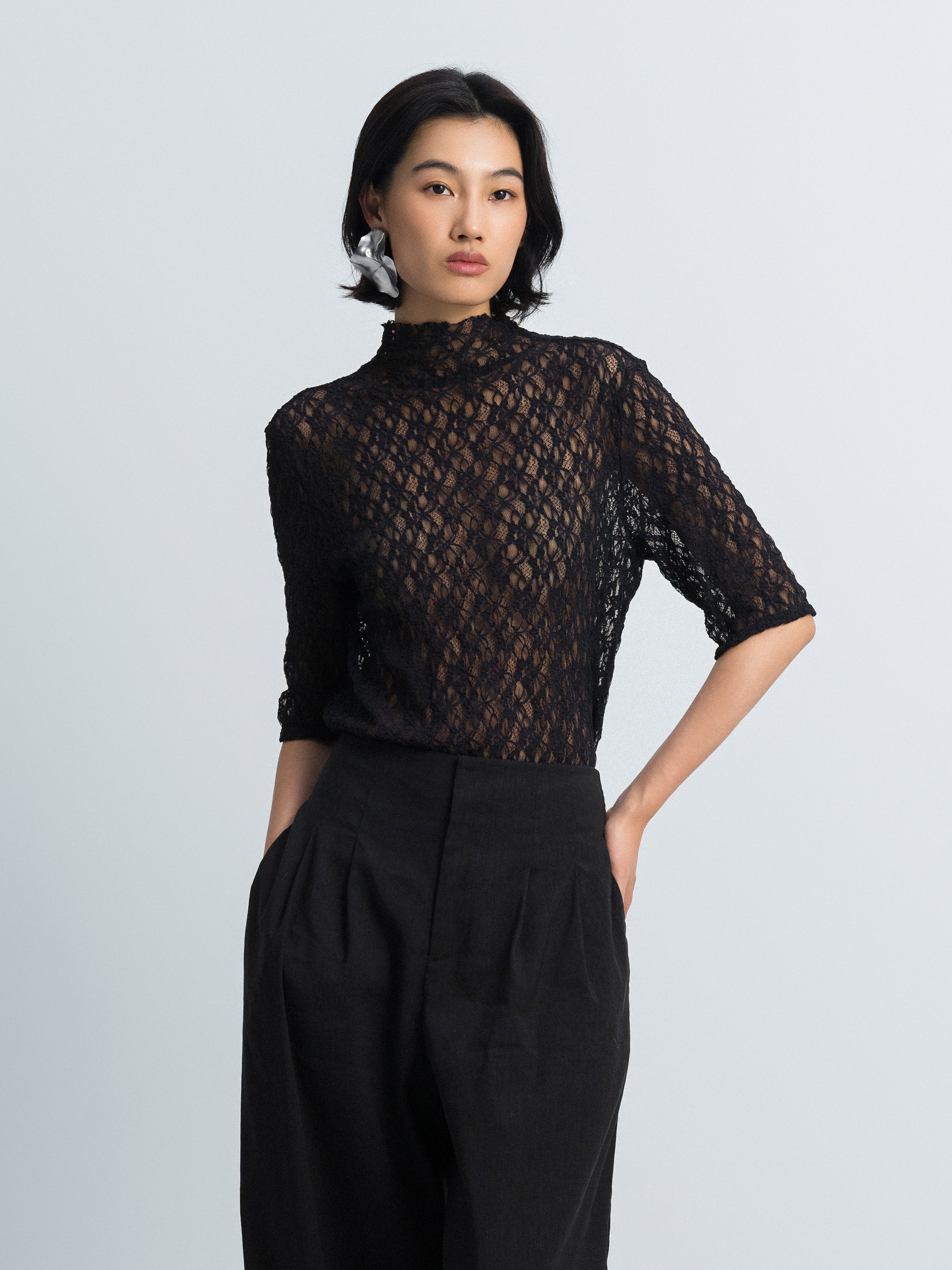Navy Blue Stretch Lace Semi-High Neck Elbow-Sleeve Top